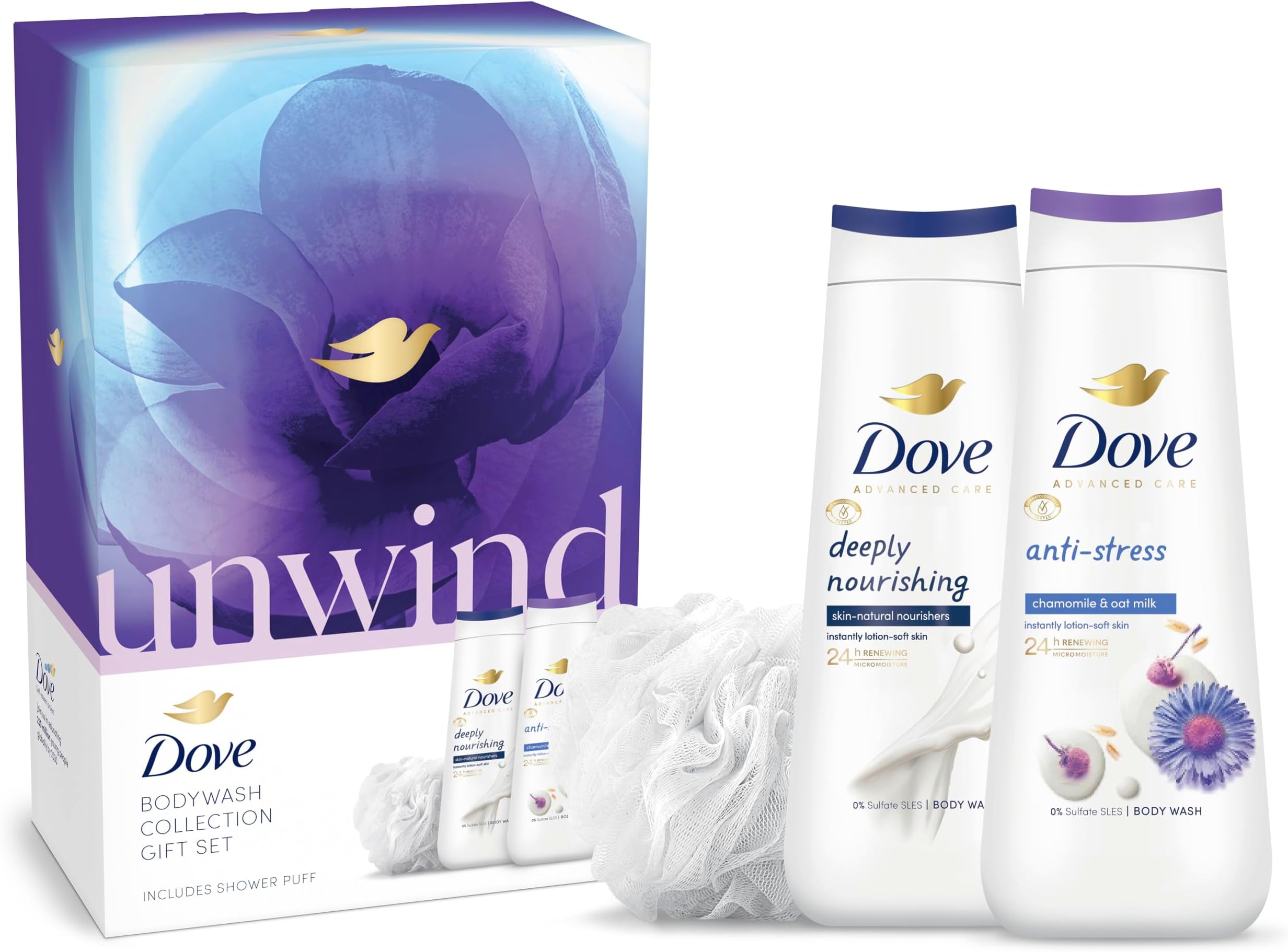 Dove Unwind Body Wash Shower Gel Collection with a luxury shower puff Gift Set perfect gifts for her 2 piece