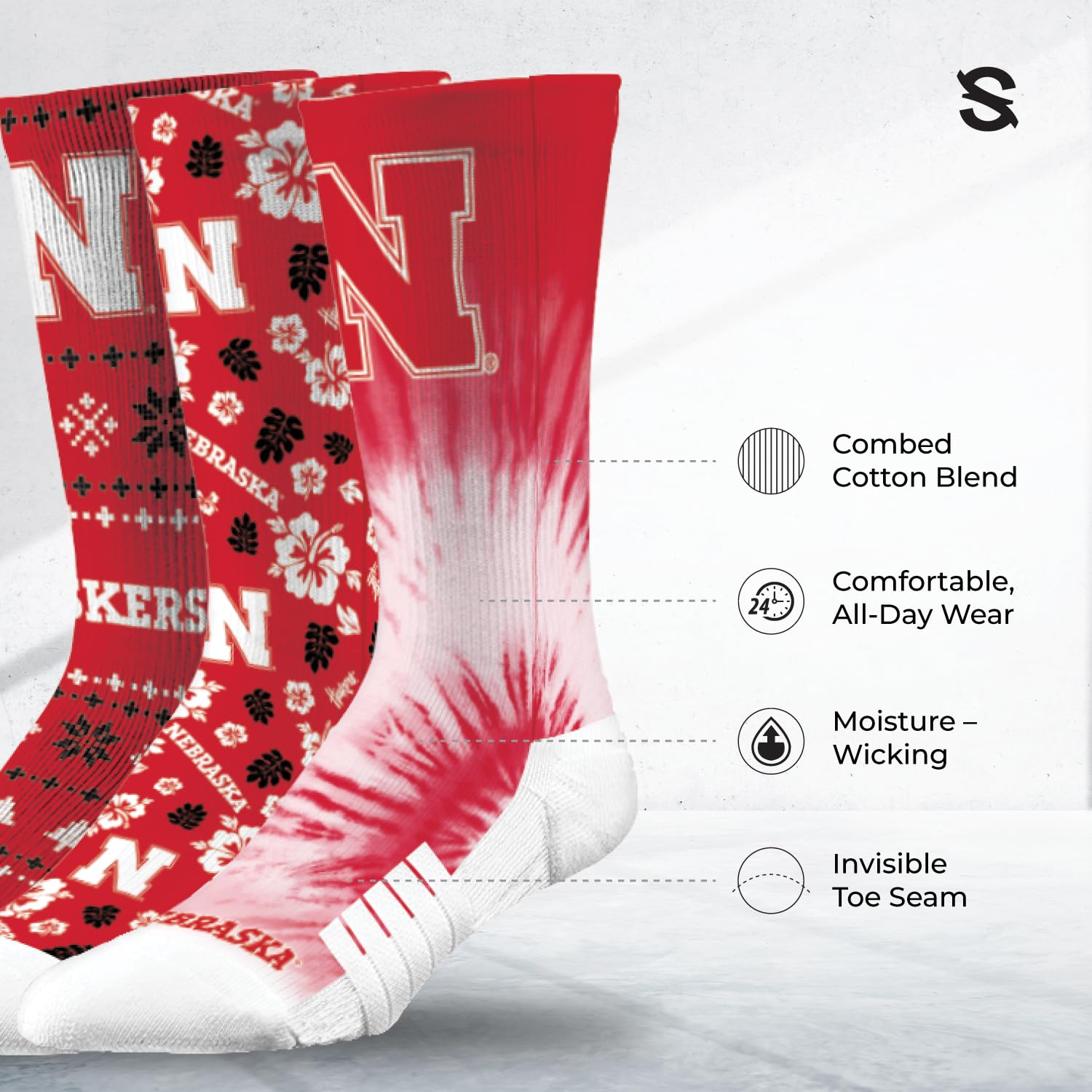 Strideline NCAA Mens Socks- Fun Pack 3 Pack-Nebraska-Size M/L (8-12)