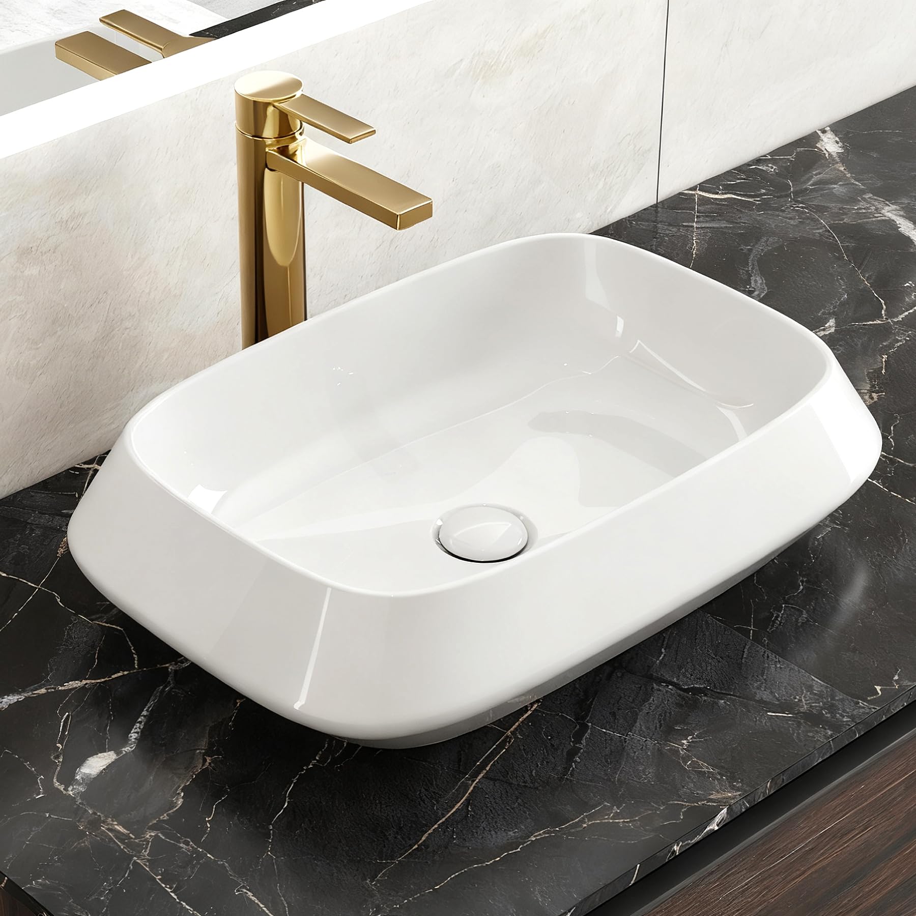 HOROW Lavabo da bagno, bordo sottile, lavabo da appoggio, moderno | Lavabo rettangolare bianco senza foro per rubinetto, piccolo lavandino per ospiti WC bagno, 52 cm