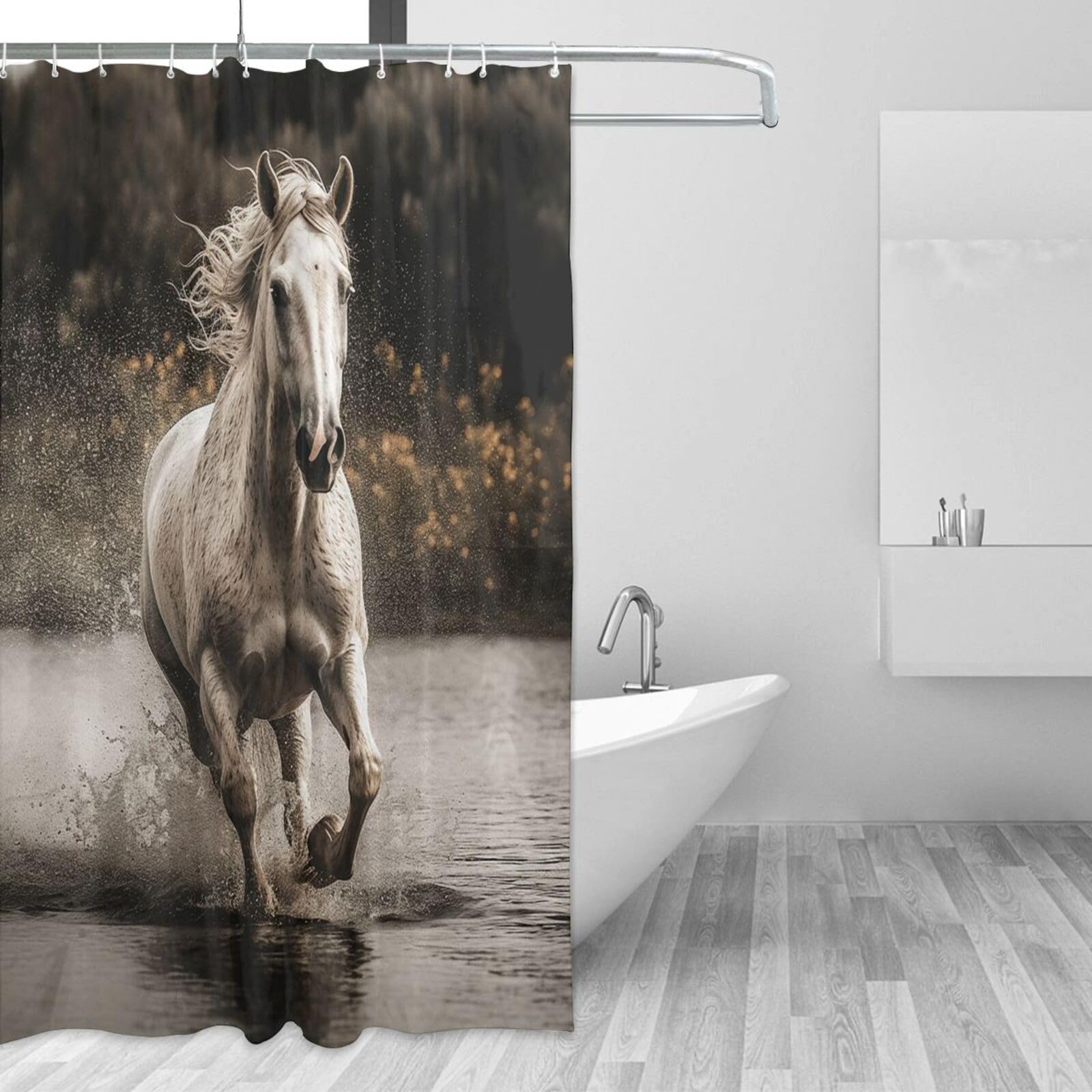 Rideau de douche 182x182 cm imperméable et lavable avec motif de cheval au bord de l'eau