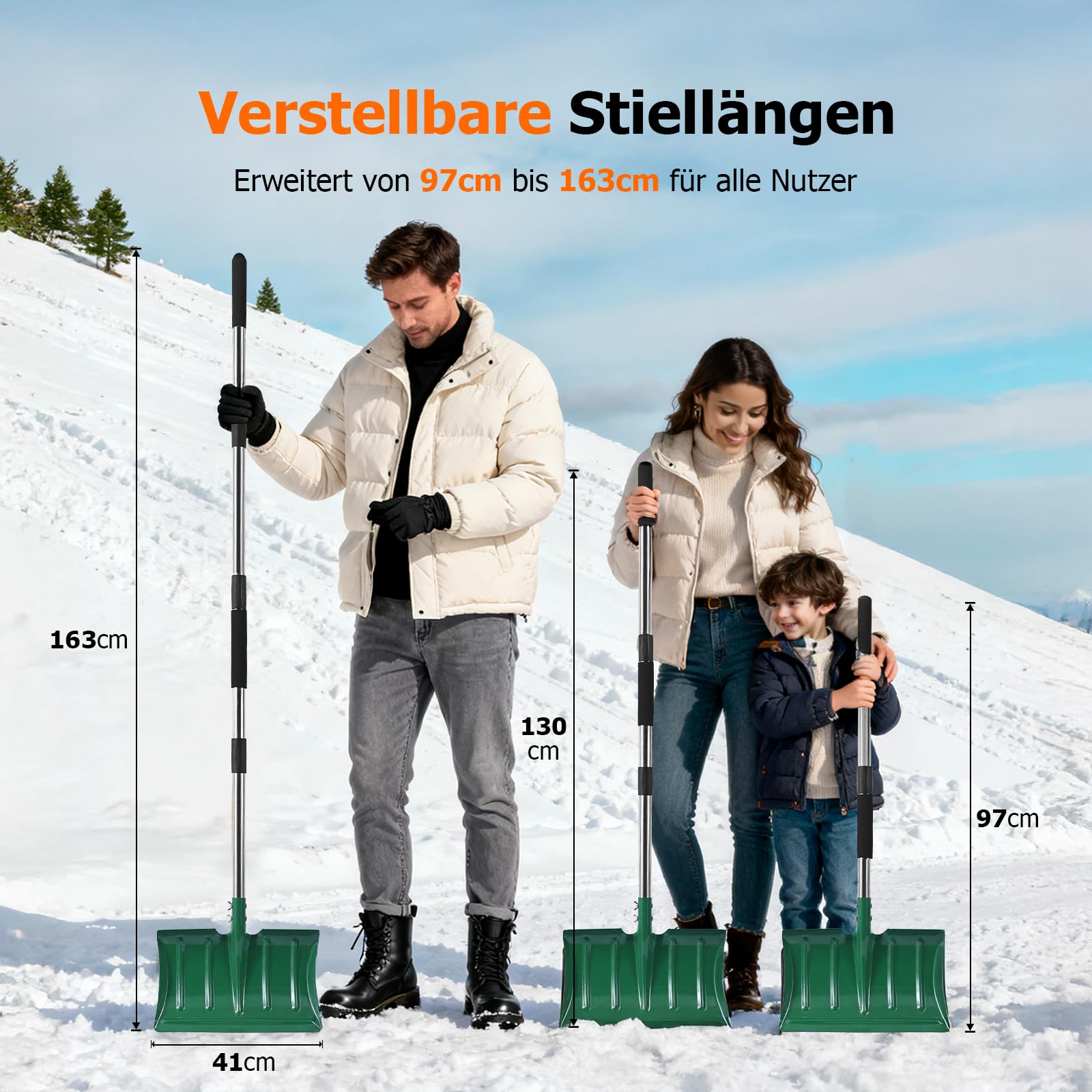Schneeschaufeln mit 163cm Langstiel, Hochfester Metall-Schneeschieber mit 41cm Breiter Schaufel, Lang Ergonomischem Griff & Anti-Frost-Schaum für Schneeräumung von Einfahrt, Auto, Mulch, Erde, Garten
