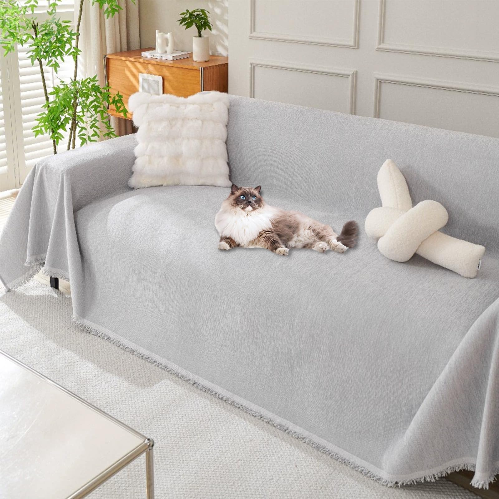 Housse de canapé gris clair protection contre les rayures de chat 180x300 cm