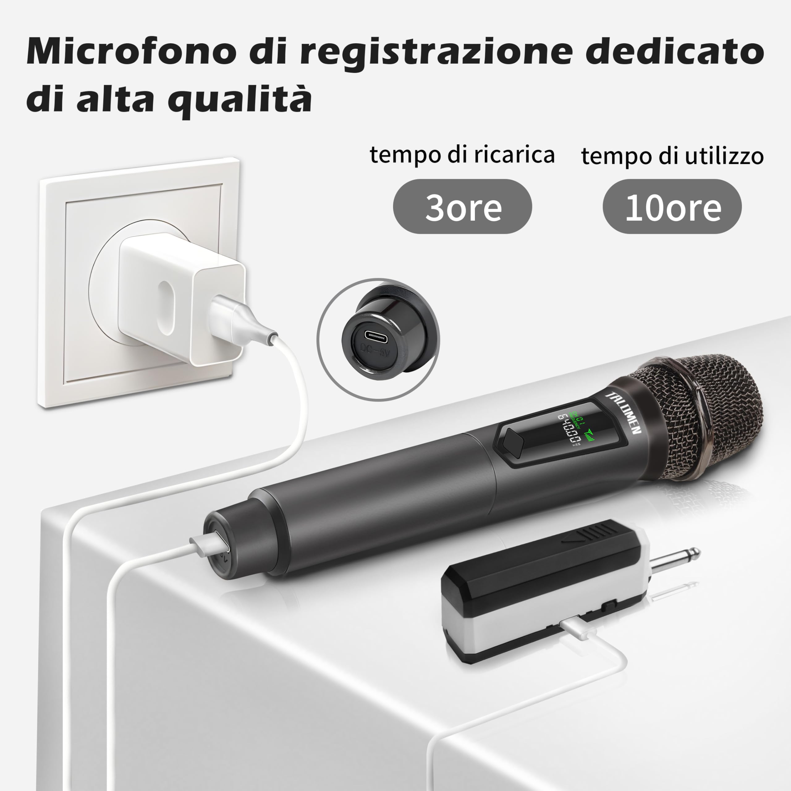 Talomen Microfono Wireless,Microfoni karaoke a 2.4 GHz,Microphone Portatile professionale,Sistema di microfoni dinamici con Ricevitore Ricaricabile，kit 2 microfoni per Karaoke,Festa,Canto,Chiesa,K60-2