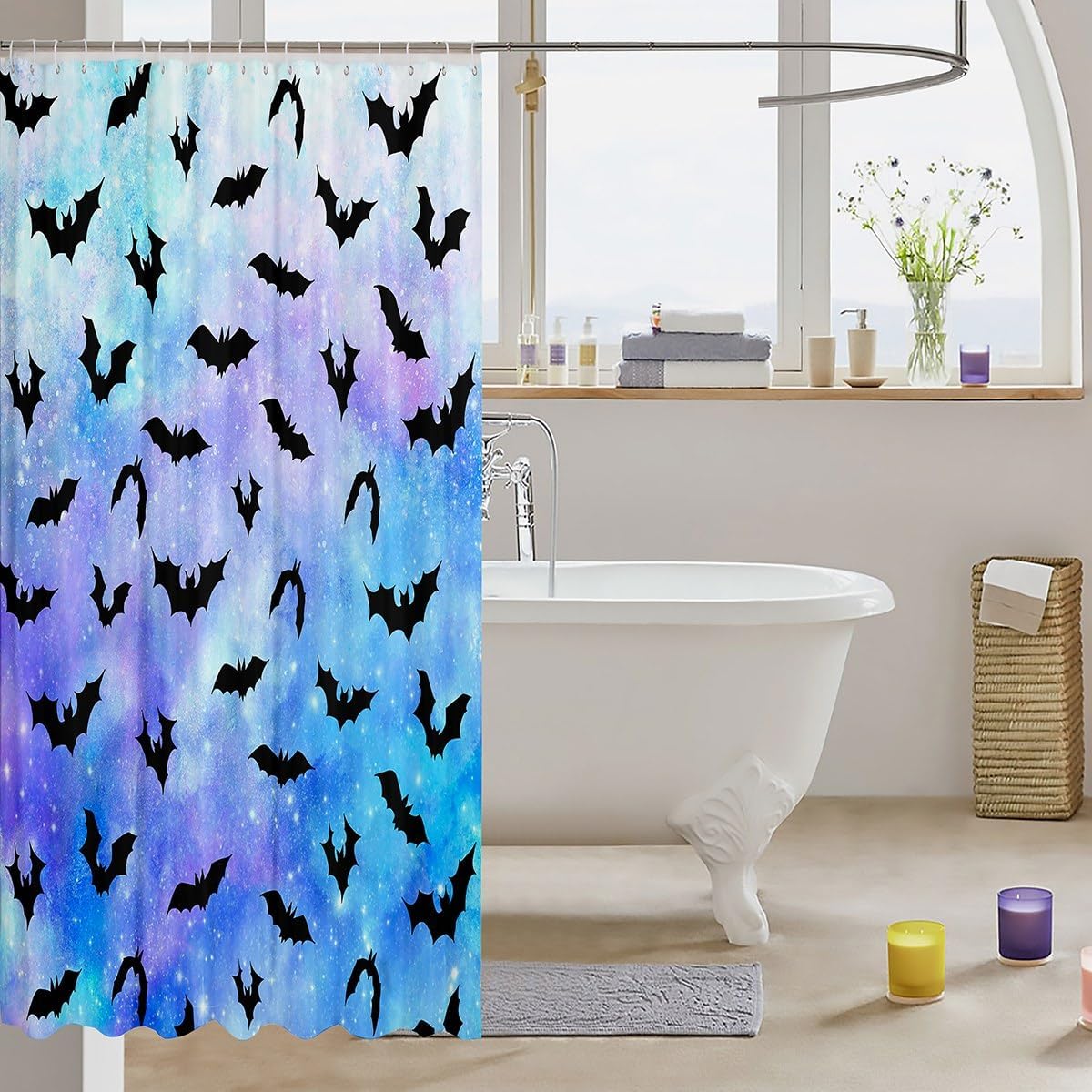 Black Bat Shower Curtain,Happy Halloween Bat Silhouettes Bath Curtain for Kids Boys,Blue Purple Starry Sparkling Galaxy Waterproof Fabric Curtain with 12 Hooks Suit, 72Wx72L inch image 3