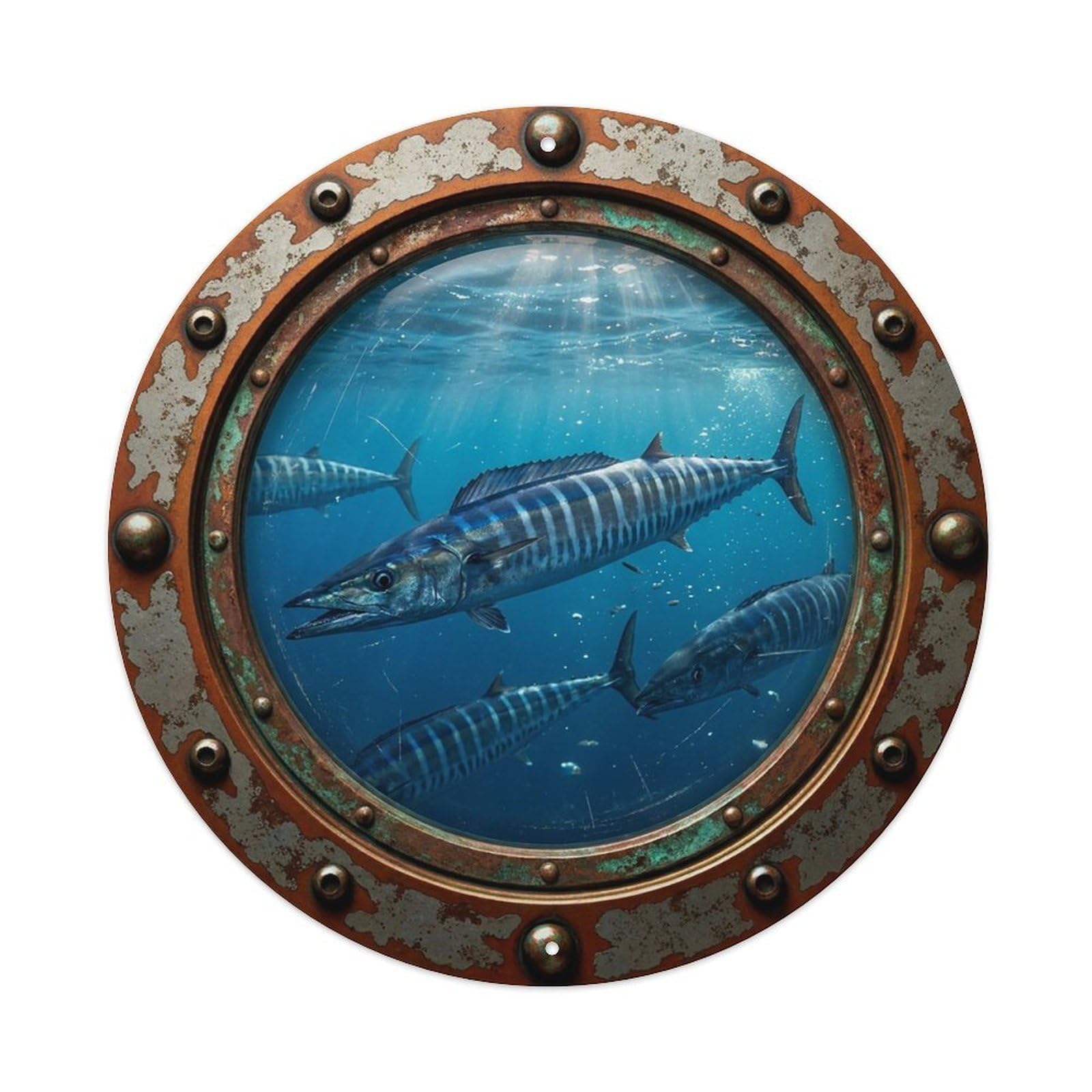 Gead 8X8inch Style Vintage Porthole Wahoo Fish Nautical Window View Metal Tin Sign