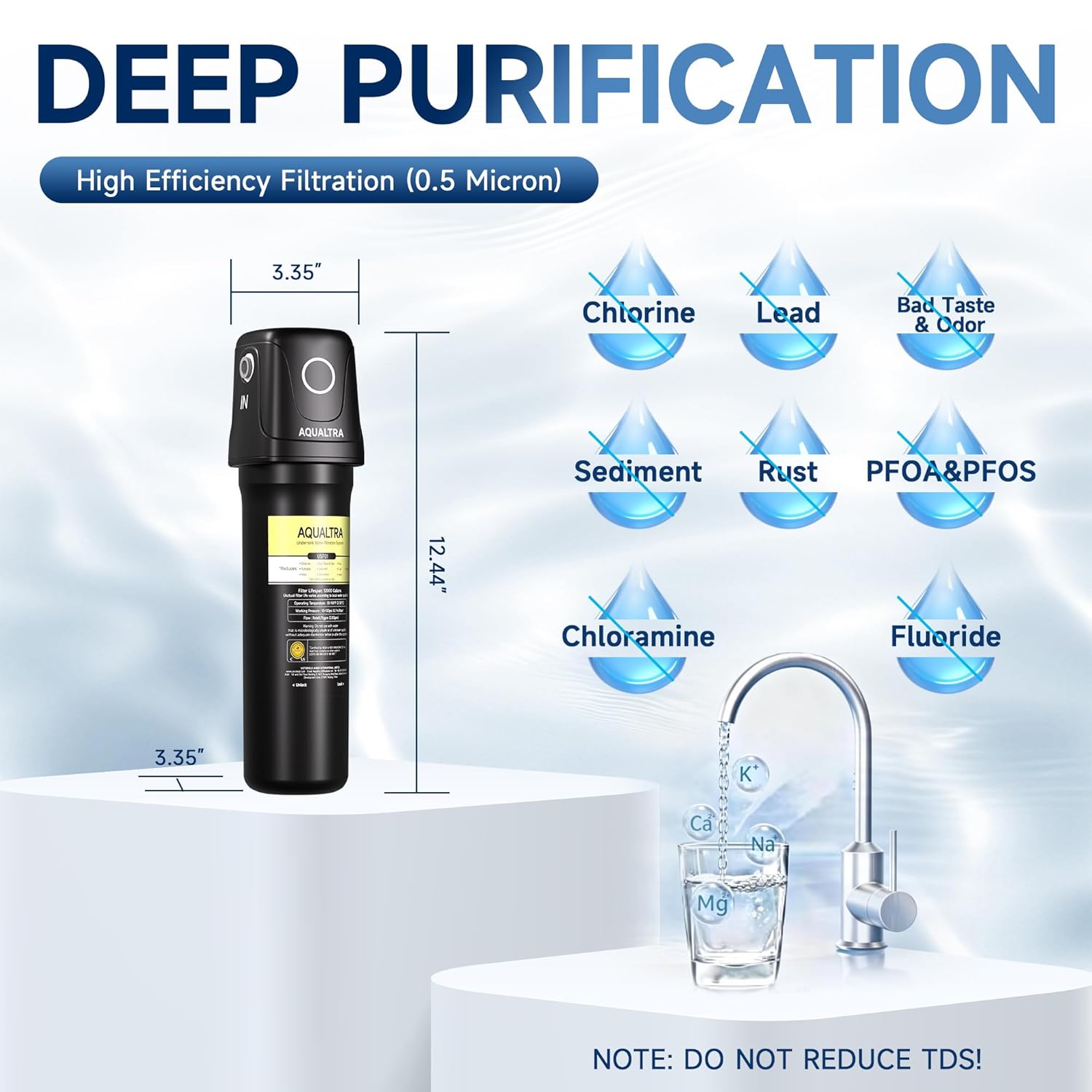 AQUALTRA USF01-BKF Under Sink Filter System, 12K Gal with Faucet, NSF/ANSI/CAN 372 Certified, Reduce PFOA, PFOS, Chlorine, Lead, Mercury, Chloramine, Fluoride, Microplastic Particles, Bad Taste & Odor
