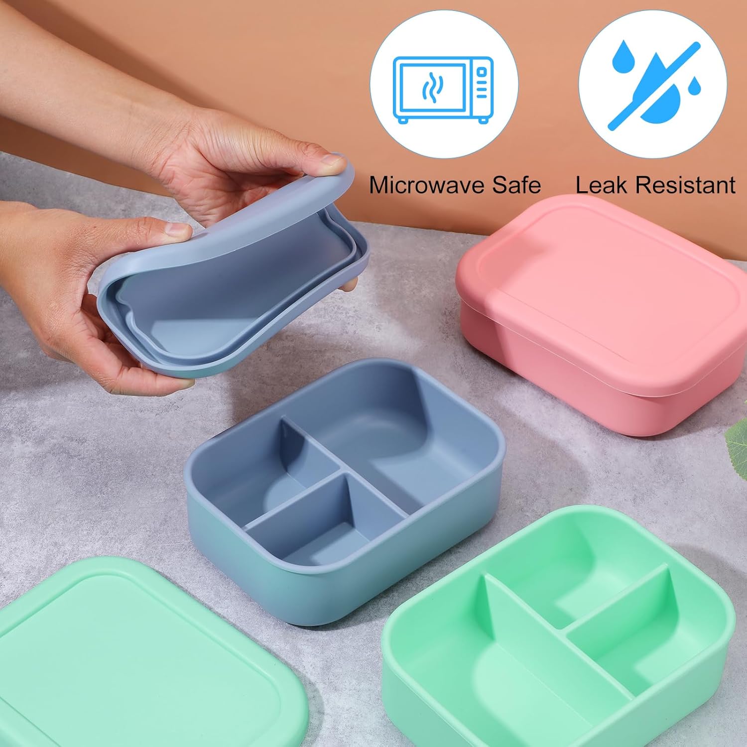 3 Pcs Silicone Bento Box, Reusable 3 Compartment Silicone Bento Lunch Container for Adults, Microwave Dishwasher Freezer Safe (Dark Colors)