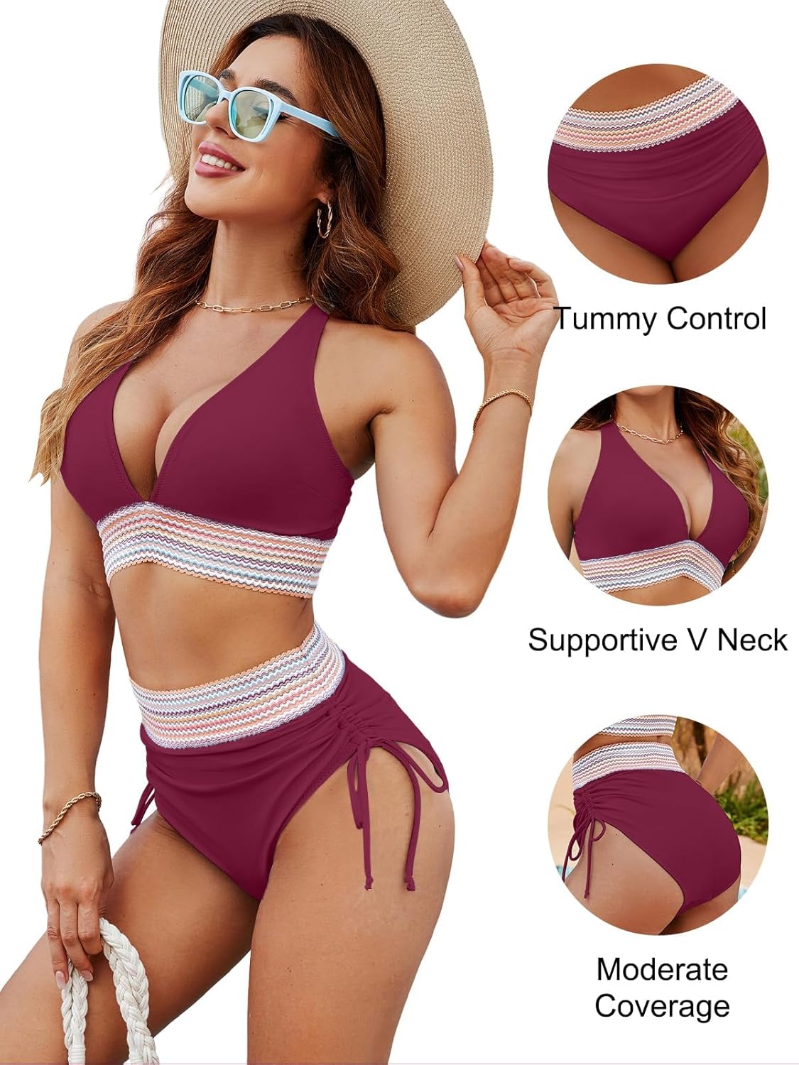 Blooming Jelly Womens High Waisted Bikini Sets Color Block Tummy Control 2 Piece Swimsuits 2025 (S, Purplish Red) - Image 5
