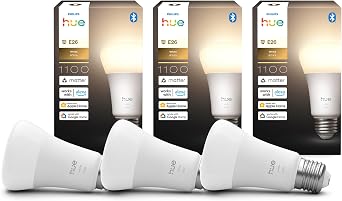 Philips Hue, E26 Smart Bulb, 75W Equivalent, White, 3 Pieces, Smart Lighting, Alexa Compatible, 1100 lm, Bulb White, Dimmable, Smart Home, Indirect Lighting, LED, Smart Light, Voice Control, App Operation, Matter Compatible, Remote Control, Schedule Function, Brightness Adjustment Successor Product