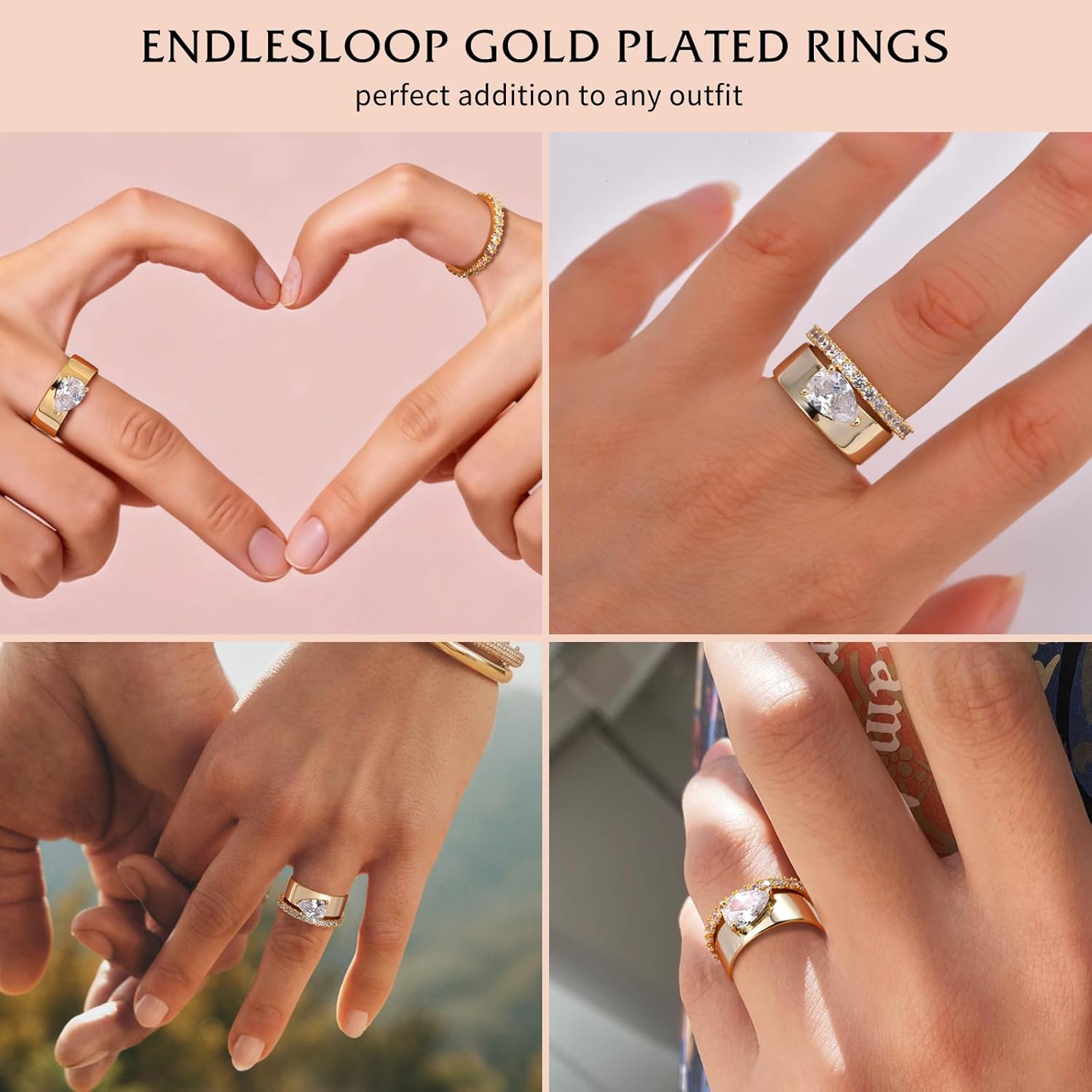 Gold Plated Pear Shaped Engagement Ring for Women Radiant Cut Solitaire Ring Fake Wedding Non Tarnish Dainty Stacking Cubic Zirconia Eternity Band Trendy Jewelry Size 4-9