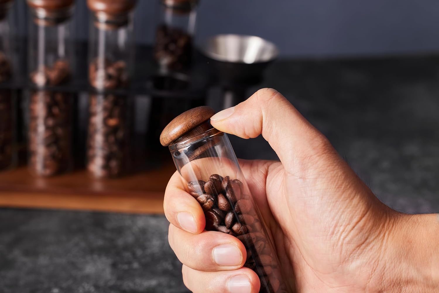 espresso coffee tool kit with single dose coffee bean storage, dosing cup and spray bottle for fresh brewing