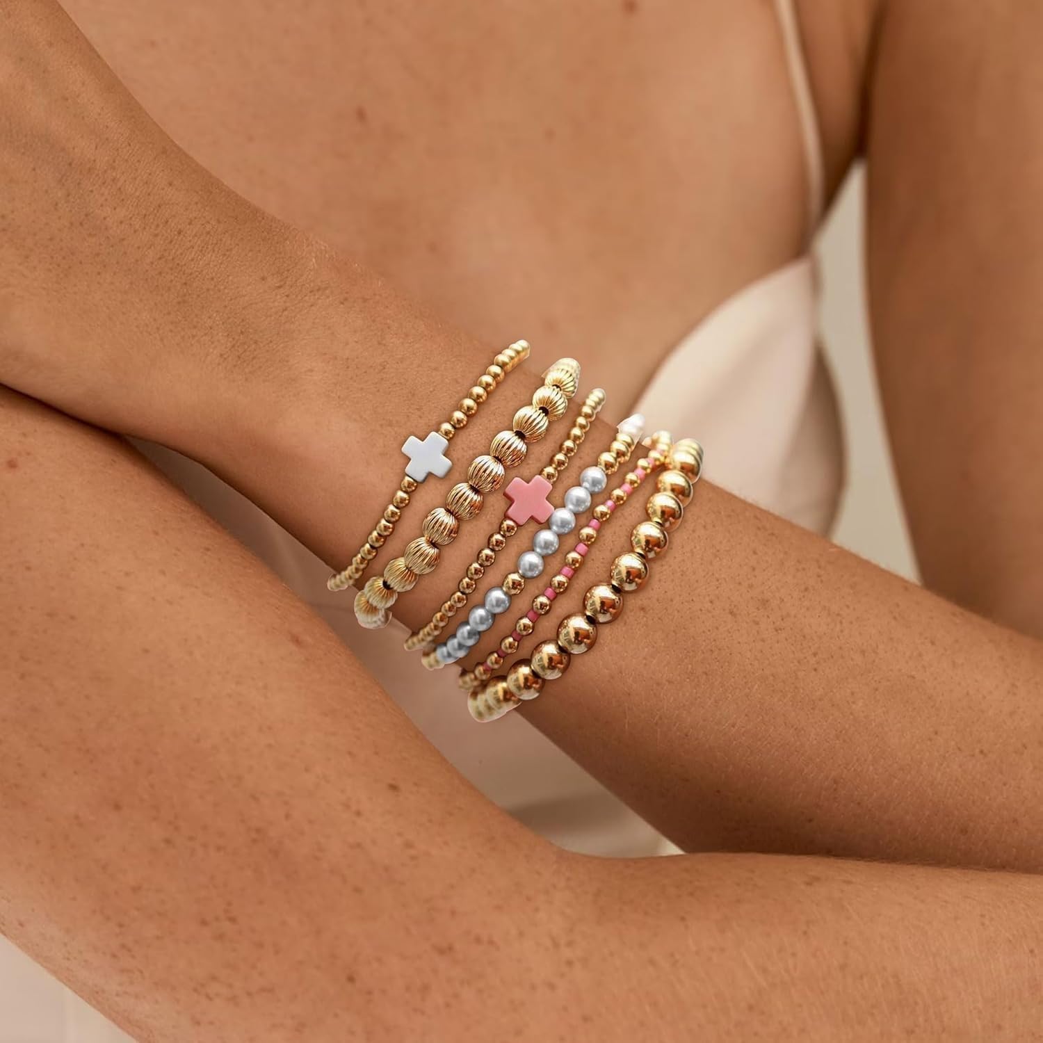 Gold Beaded Bracelets for Women Simple Non Tarnish Cross Pearl Stack Bracelet Dainty Resin Beaded Stretch Bracelets Set Fashion Jewelry for Women - Image 4