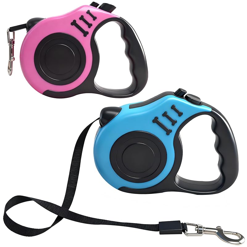 Guia Retrátil para Cães com Fita de Nylon, Freio e Trava, 5,03 m, Azul e Rosa, 2 Unidades exinddea