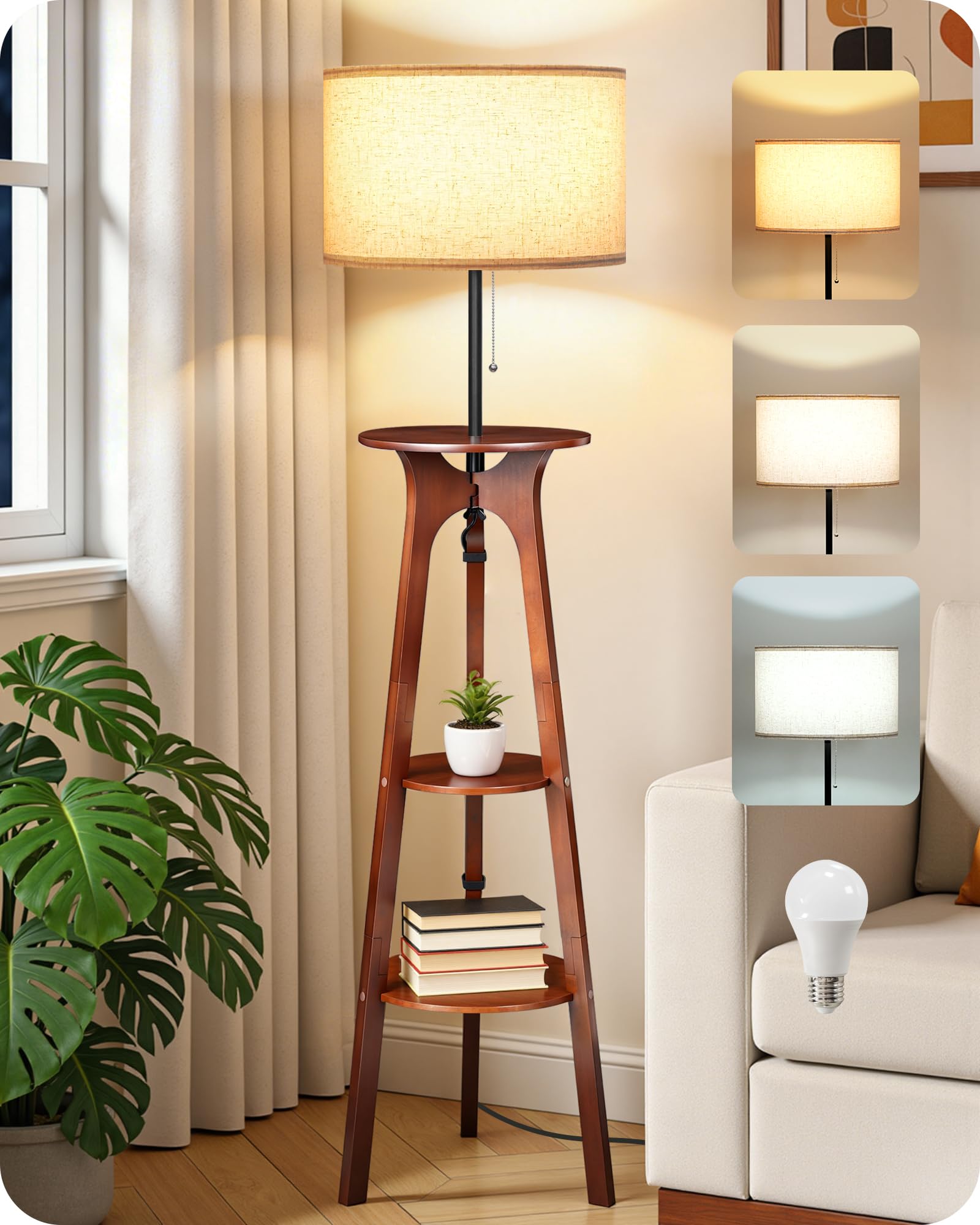 Stehlampe Dimmbar Dreibeinige Holz mit 3 Regalen, Holzstativ Stehleuchte mit 3 Farbtemperaturen für Wohnzimmer, Schlafzimmer, Arbeitszimmer, Beige und Dunkle Walnussfarbe, ZSTE25LDD05