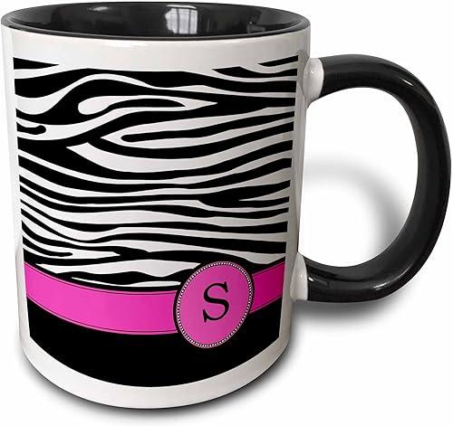 Miniatura 4 de 3dRose mug_154290_4 Letra S monograma de rayas de cebra en blanco y negro estampado animal con inicial personalizada rosa intenso, taza negra de dos