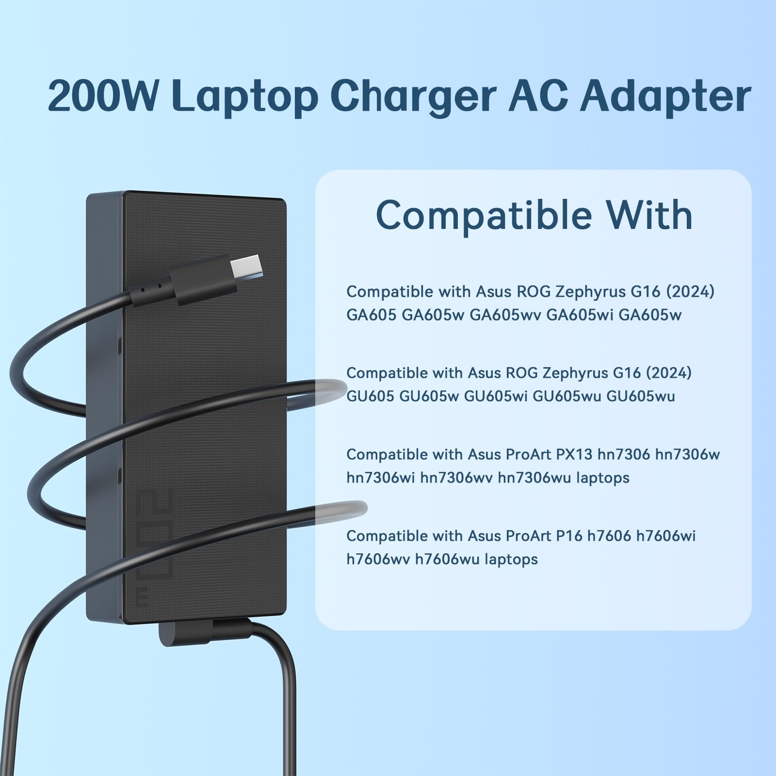 Caricabatterie per laptop DECSZDY 200W 20V 10A compatibile con ASUS ProArt P16 PX13 H7606 HN7306HN Rog Zephyrus G16 16,0'' GA605 GU605MY GU605MI GU605MV Gaming Laptop ADP-200JB K Alimentatore
