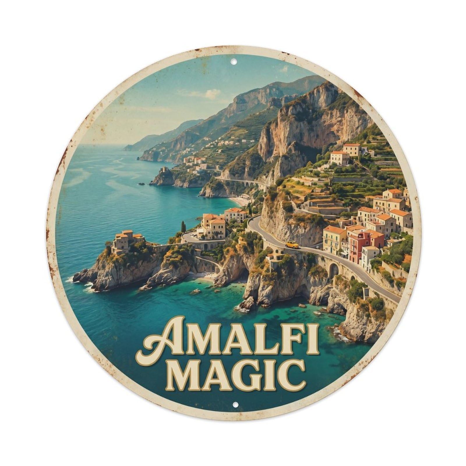 Vintage Travel Italian Coastline Panorama Scenic Metal Tin Sign Plaque Wall Decor for Cafe, Club, Garden Round Metal Poster 8x8Inch