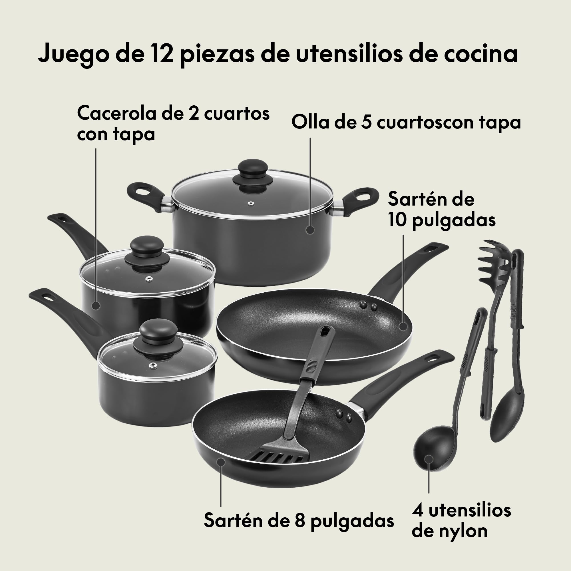 bella Juego de utensilios de cocina, 12 ollas y sartenes con utensilios, antiadherente sin PFOA, superficie de cocción resistente a los arañazos, compatible con todas las estufas, nailon y aluminio,