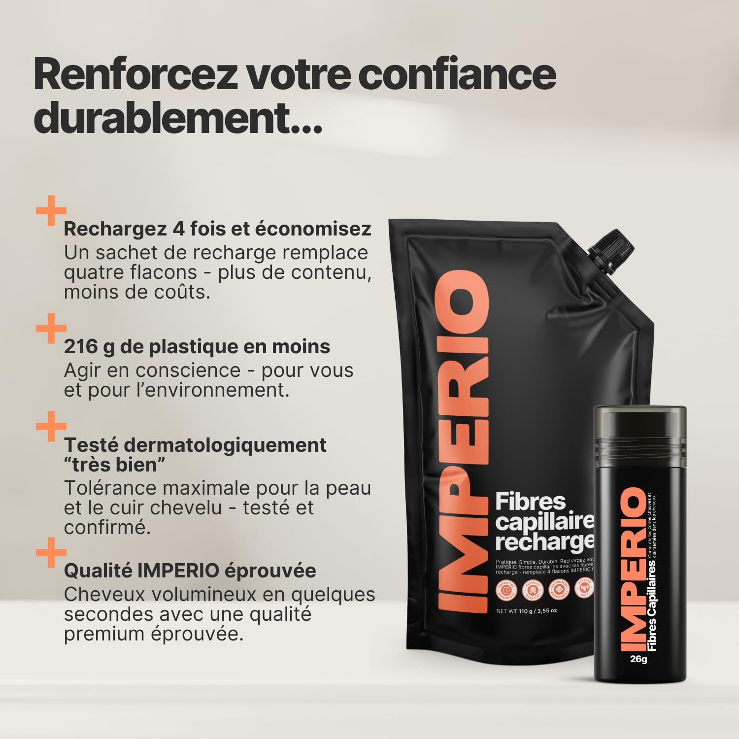 IMPERIO Pack de recharge pour cheveux dispersés - Recharge de 110 g avec cheveux raides de qualité supérieure - Recharge durable avec fermeture pratique - Remplissage facile de la boîte Hair Fibers