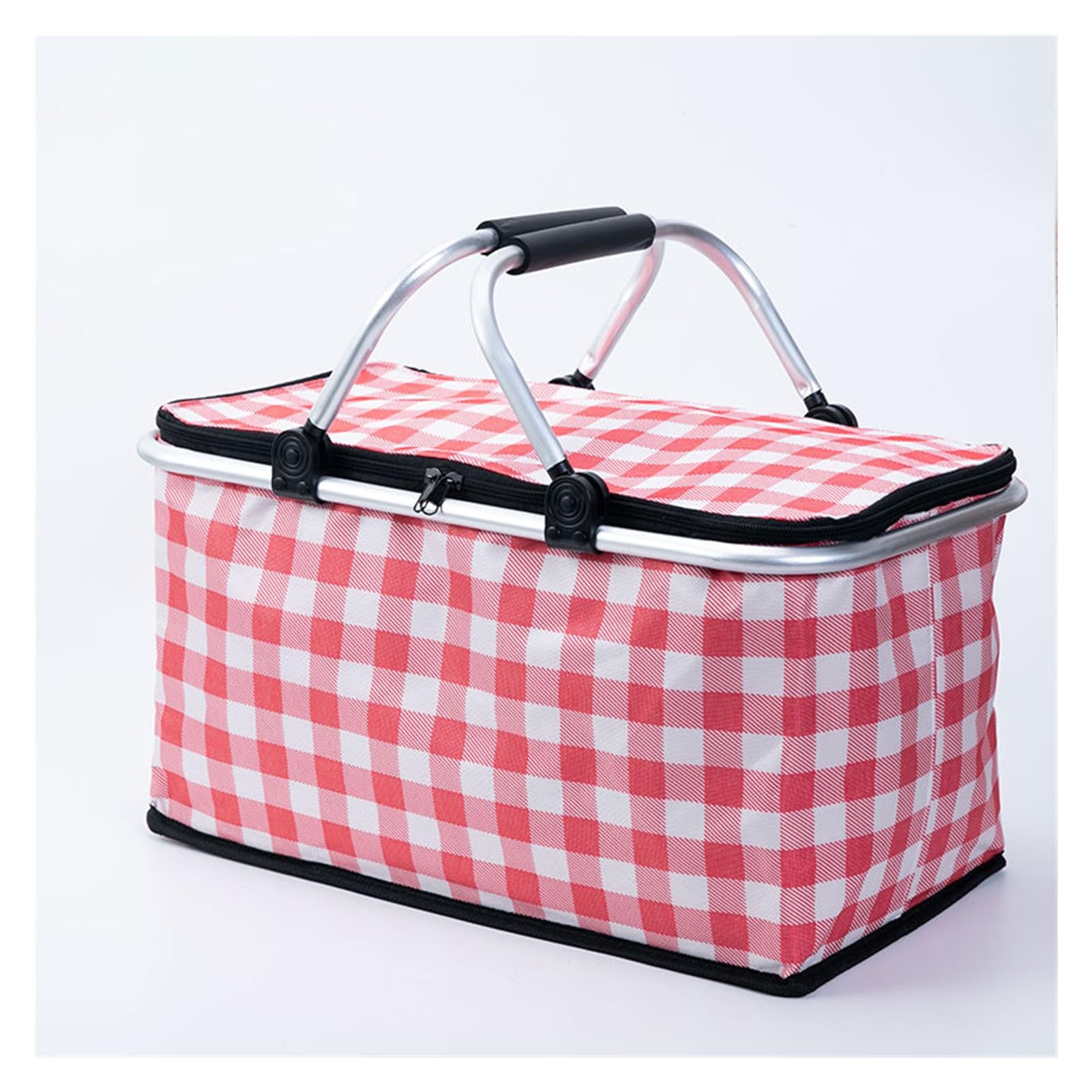 Foldable Insulated Picnic Basket, 30L Large Capacity Thermal Cooler Bag with Aluminum Frame, Portable Reusable Picnic Tote for Outdoor Camping, Picnic and Grocery Shopping (Red Gingham)