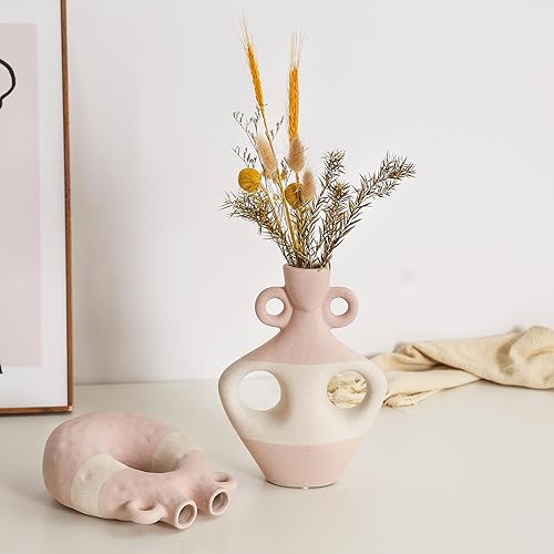 Miniatura 4 de Juego de 2 jarrones de cerámica con asas para decoración del hogar, moderno jarrón bohemio con forma de dona, florero hueco rosa para boda, comedor,