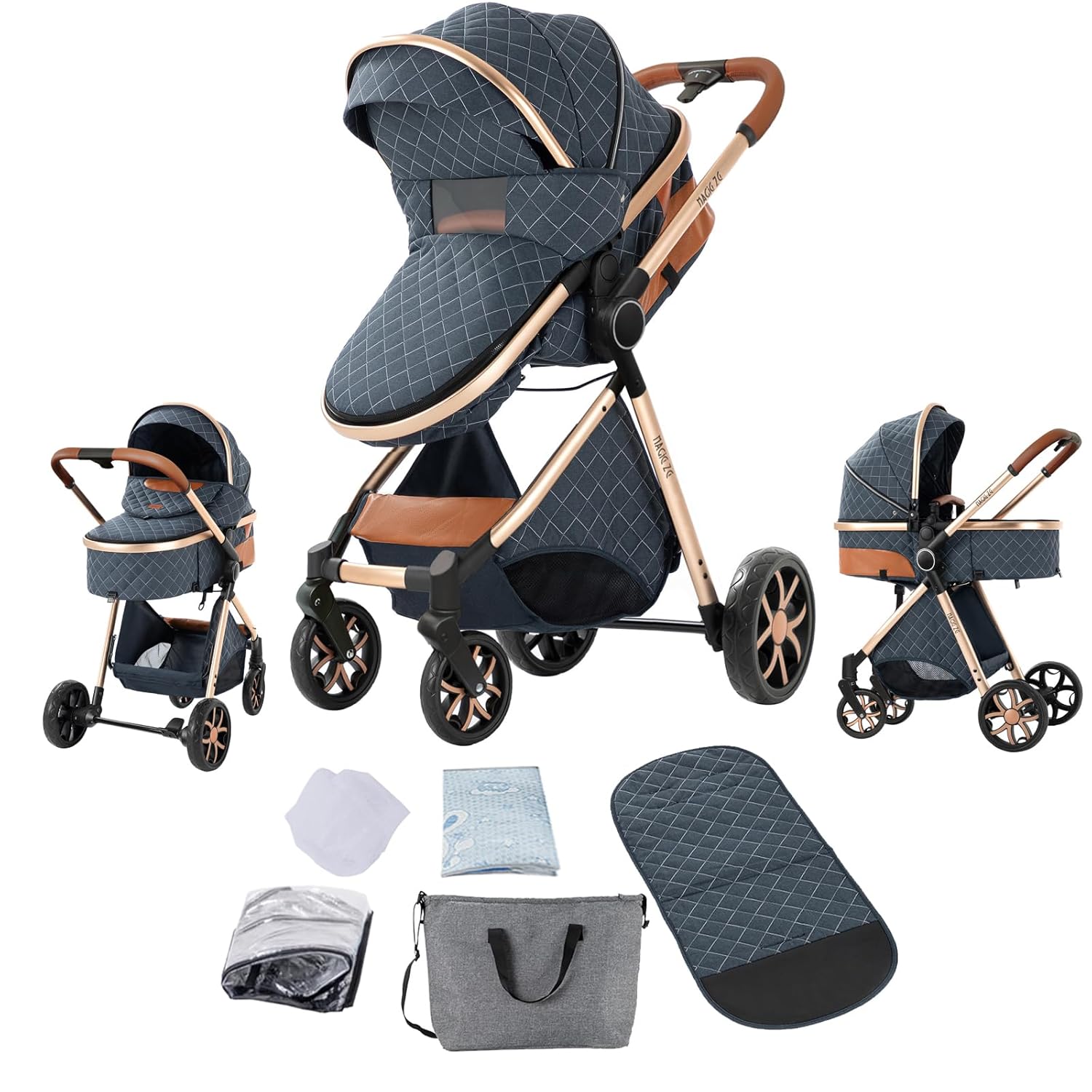 2 in 1 Baby Stroller with Bassinet, Reversible Newborn Foldable Pram, Infant High Landscape Pushchair, Portable Standard Stroller, Reclining Buggy, Baby Carriage (2USV9-BLUE)