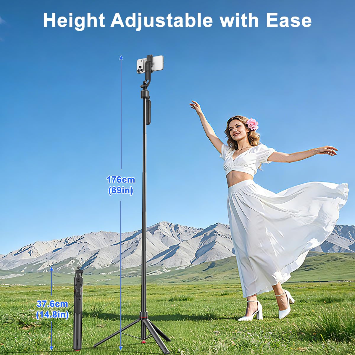 Treppiede per selfie da 176 cm, rotazione a 360°, apertura automatica, con telecomando ricaricabile, per TikTok/Vlog/Live Stream, compatibile con iPhone/Android/fotocamera/GoPro