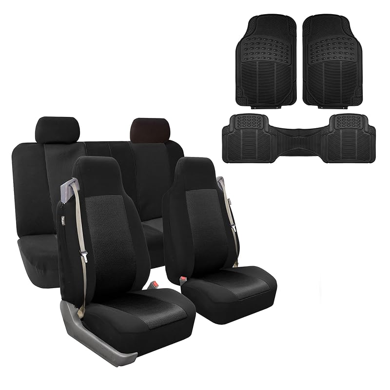 FH Group Capas para Bancos em Tecido Preto com Tapetes de Vinil, Conjunto Completo FB302114BLACK-F11306BLACK-AMZ