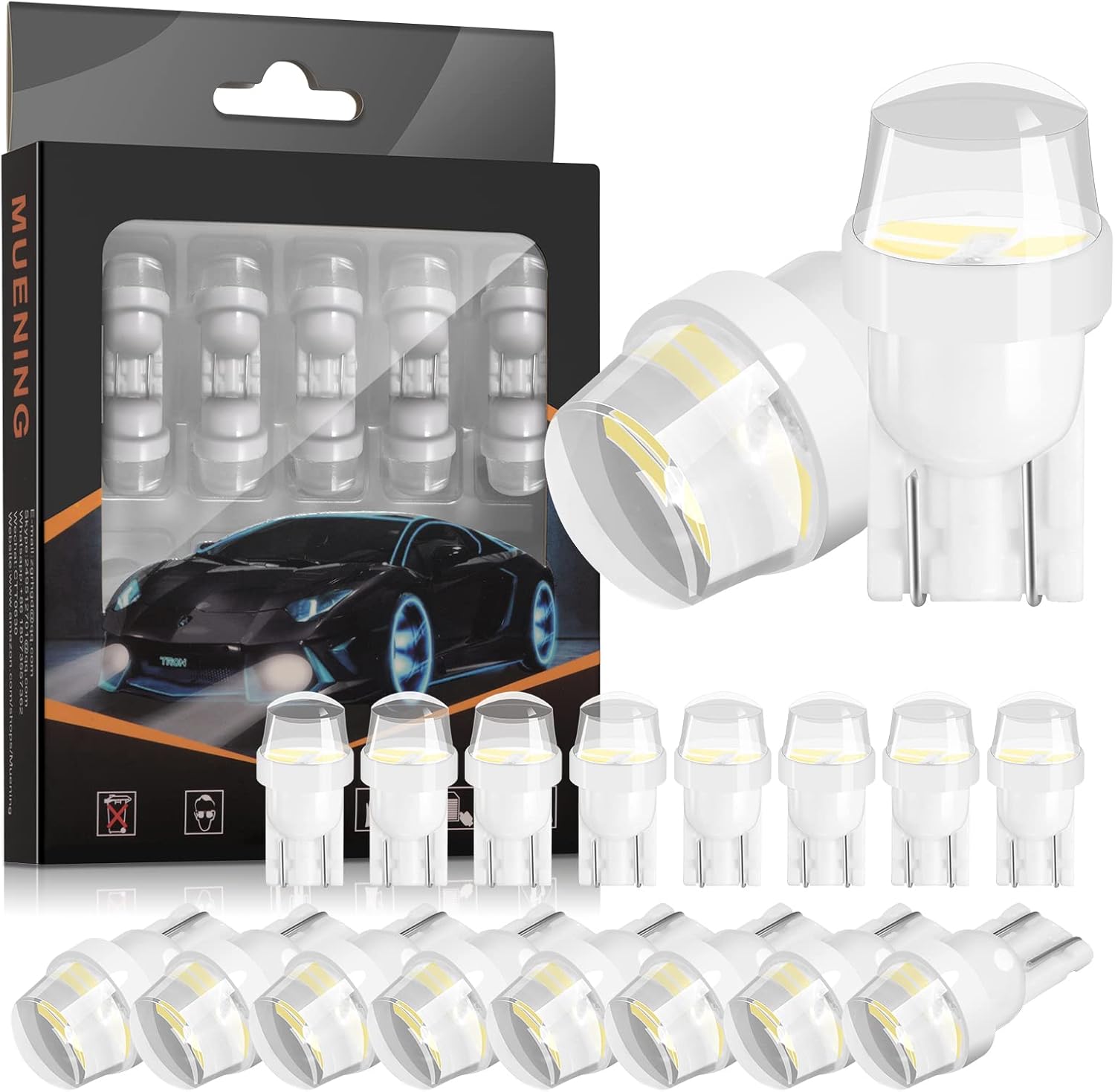Muening 194 LED Bulbs Extremely Super Bright 3SMD 2835 Chipsets T10 168 2825 175 W5W LED Replacement Silica Gel Bulb for Car Door Courtesy License Plate Lights (Pack of 20)