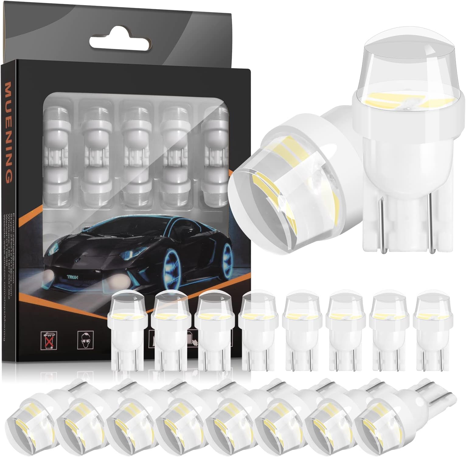 Muening 194 LED Bulbs Extremely Super Bright 3SMD 2835 Chipsets T10 168 2825 175 W5W LED Replacement Silica Gel Bulb for Car Door Courtesy License Plate Lights (Pack of 20)