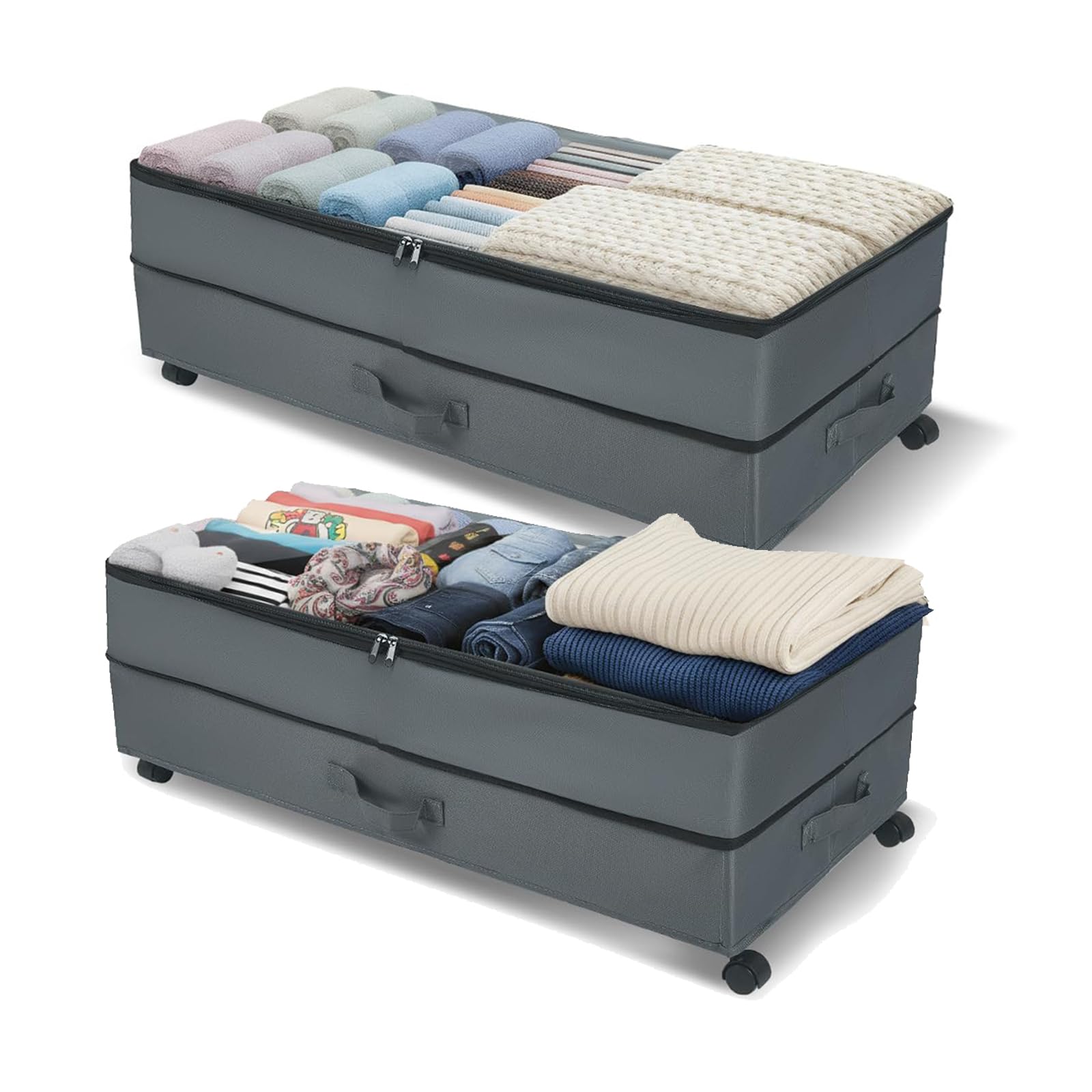 Cassettiera sotto il letto regolabile con ruote, 63 – 90 l, XXL, con 3 maniglie, contenitore con coperchio, in tessuto per vestiti, scarpe, biancheria da letto