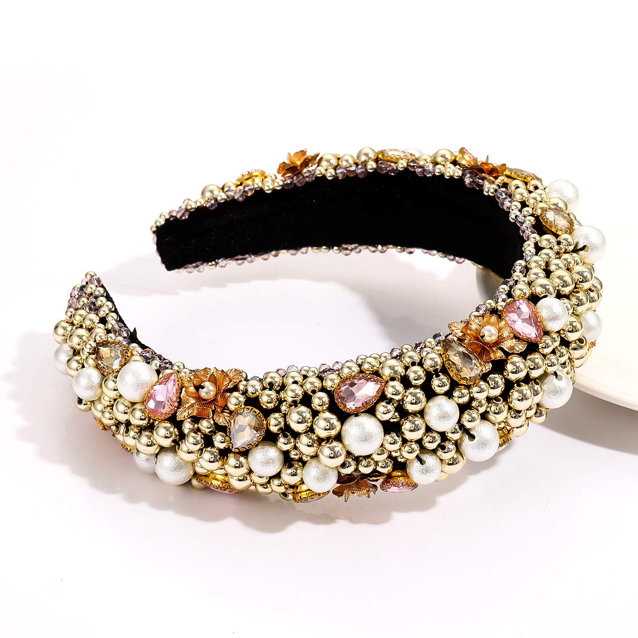 Elegant Velvet Wide Headbands with Crystal Beads Flower Pearl Hair Hoops Makone Pearl Wide Headband for Women - Velvet Vintage  main image 2