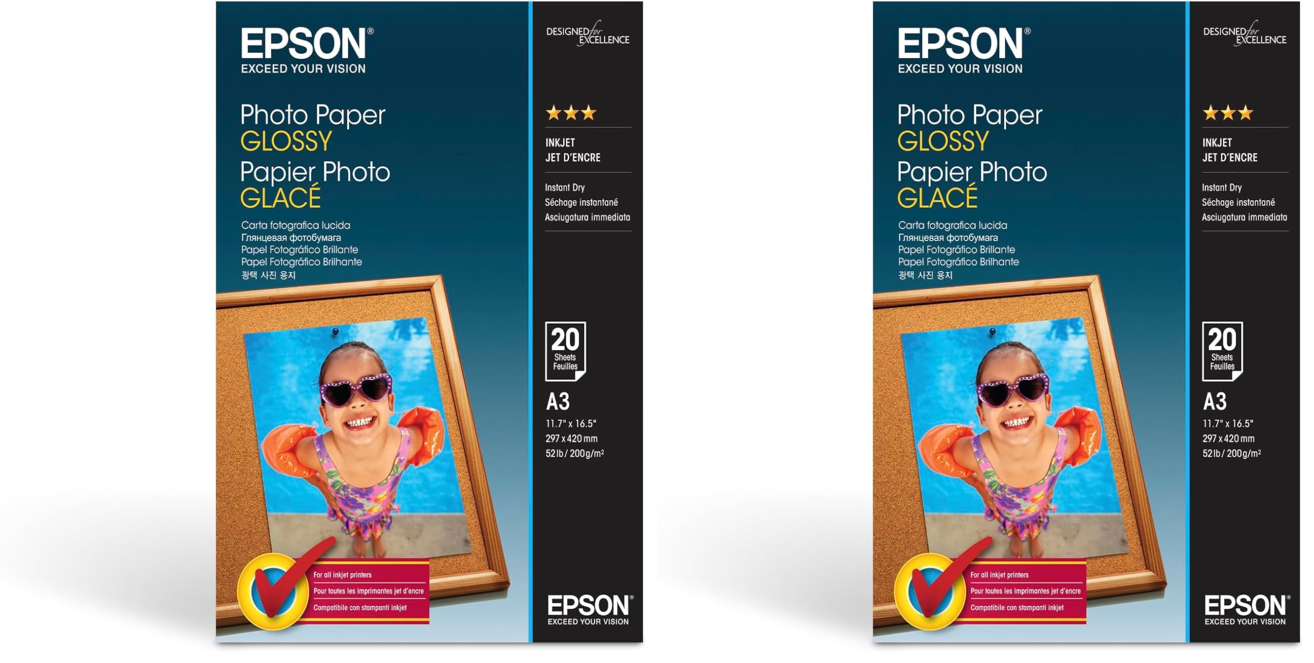 Papel fotográfico brillante A3 de Epson, 200 g/m², 20 hojas (Paquete de 2)