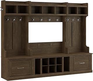 Bush Furniture Woodland Full Entryway Storage Set with Coat Rack and Shoe Bench with Drawers, Ash Brown
