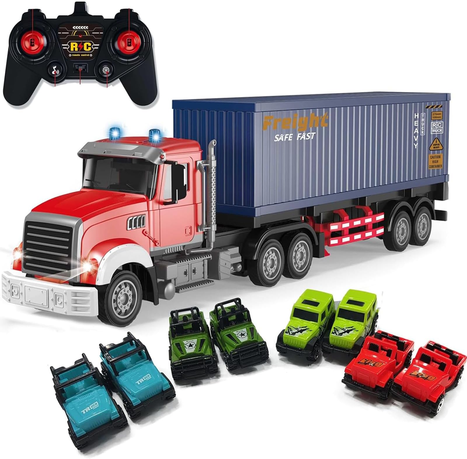 Mostop RC Container Transporter Truck, 10WD ABS & Metal Transport Vehicle,Remote Control Large Transportable Carriages with 8 Trolleys,transporter lorry toy with Lights and Sounds Gifts