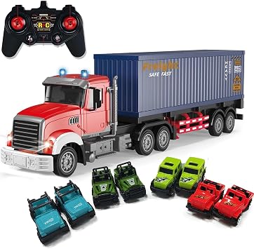 Mostop RC Semi Truck with Trailer - 22.5 Inch Remote Control Semi Truck Toy for Kids, 124 Scale Container Truck with 2 Batteries, Carrier Van Transport Vehicle with LED Light & Music,Great Gift