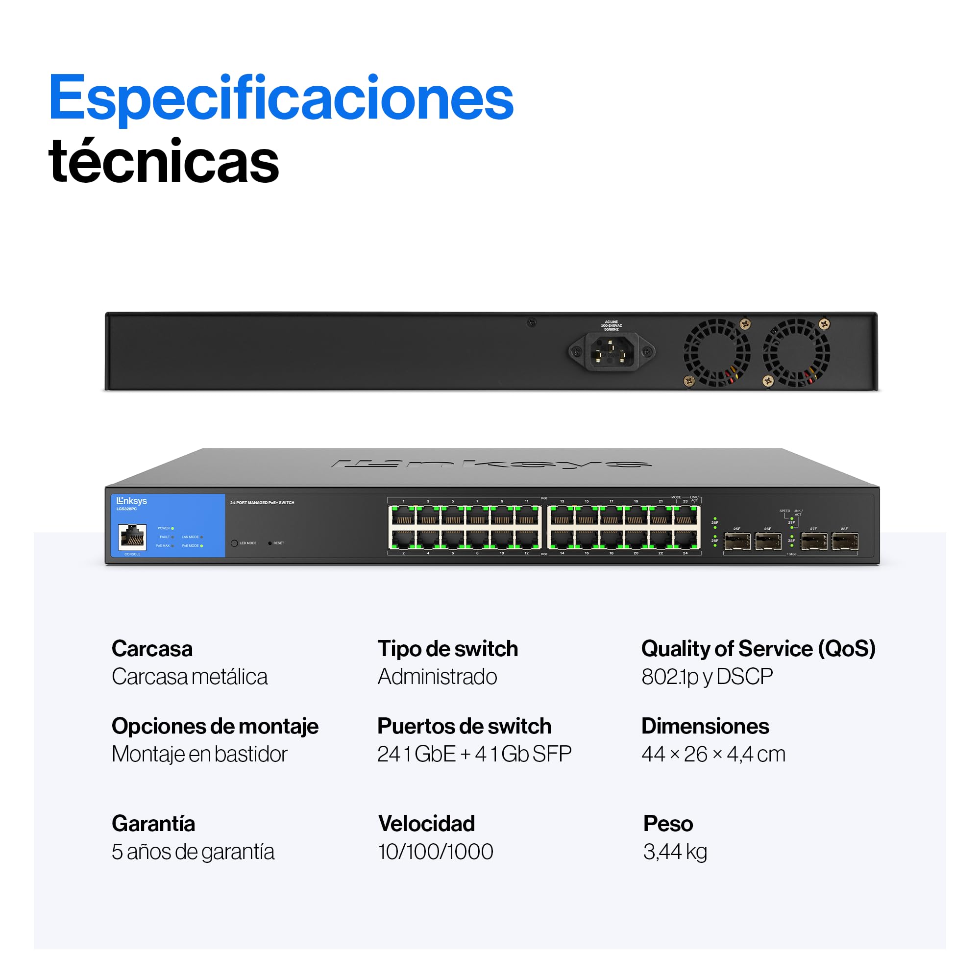 Linksys switch de red Gigabit administrado de 24 puertos LGS328PC con 4 ranuras SFP de enlace de subida de 1 Gb, PoE/PoE+, QoS, enrutamiento estático, VLAN, IGMP, carcasa de metal