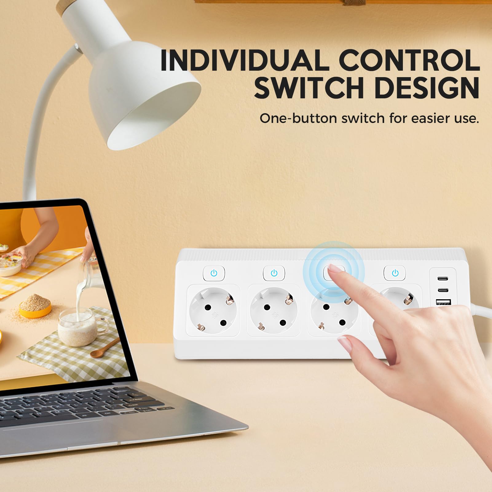 Multipresa a 4 prese con USB-C e Interruttori Indipendenti | Multipresa da Scrivania 4 porte USB, Multipresa con protezione da sovratensioni, 3680W, 16A, 2m, per cucina, casa e ufficio
