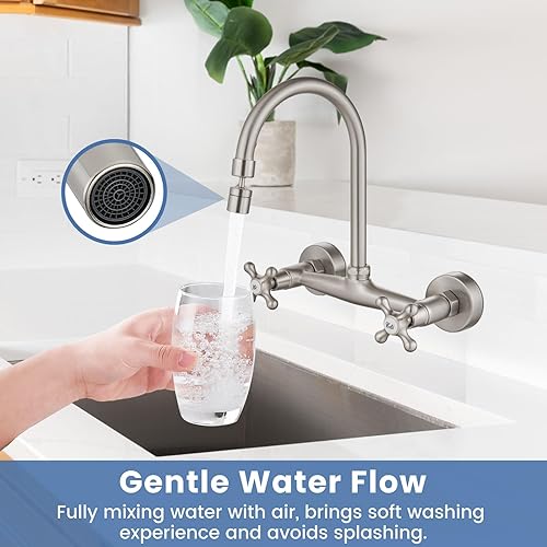 Vista 2 de Airuida Grifo de cocina de montaje en pared con rociador, grifo de fregadero de cocina montado en la pared, asas dobles cruzadas, boquilla giratoria
