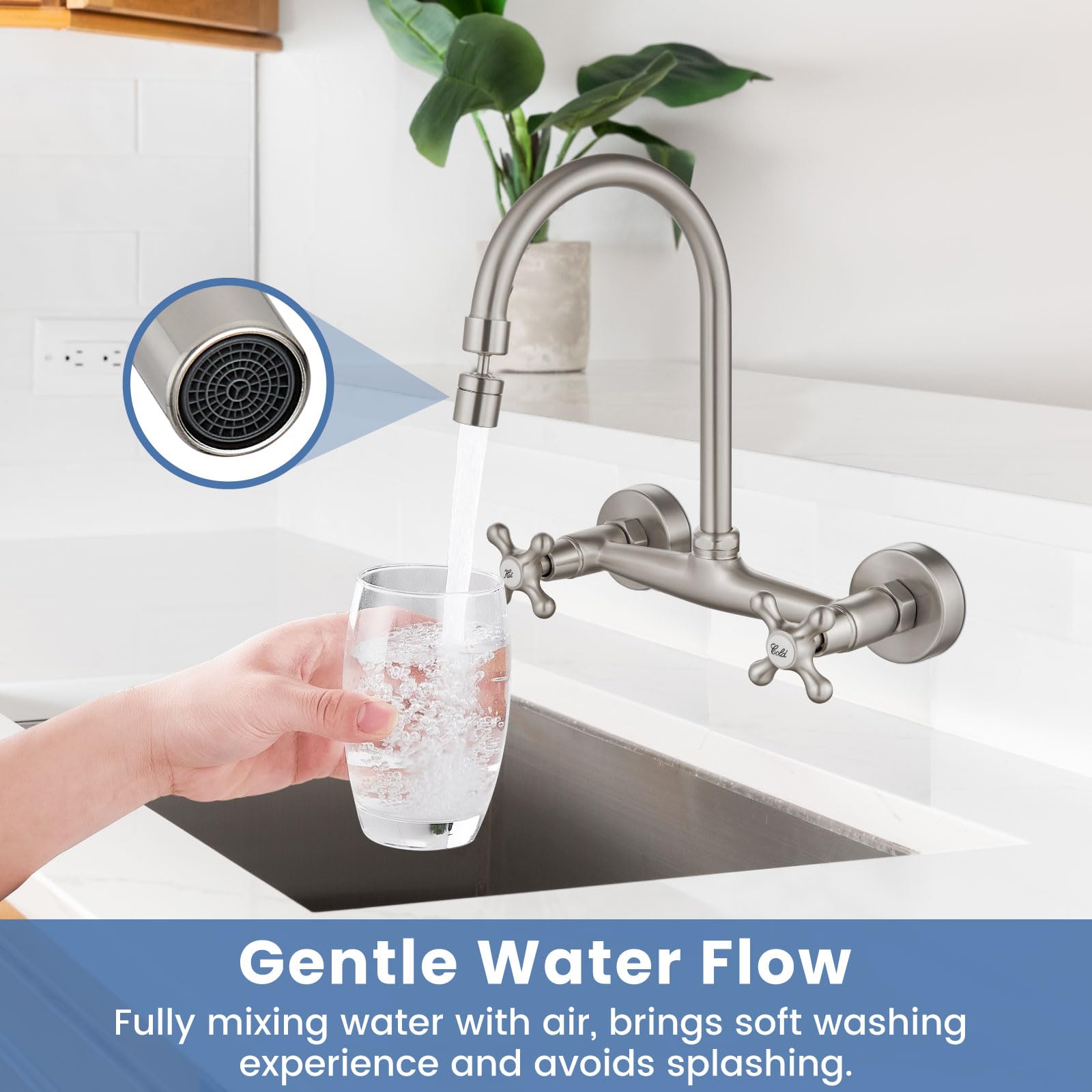 Airuida níquel cepillado montaje en pared grifo del fregadero 8 pulgadas centro doble cruz manijas 360 grados giratorio caño cocina mezclador comercial