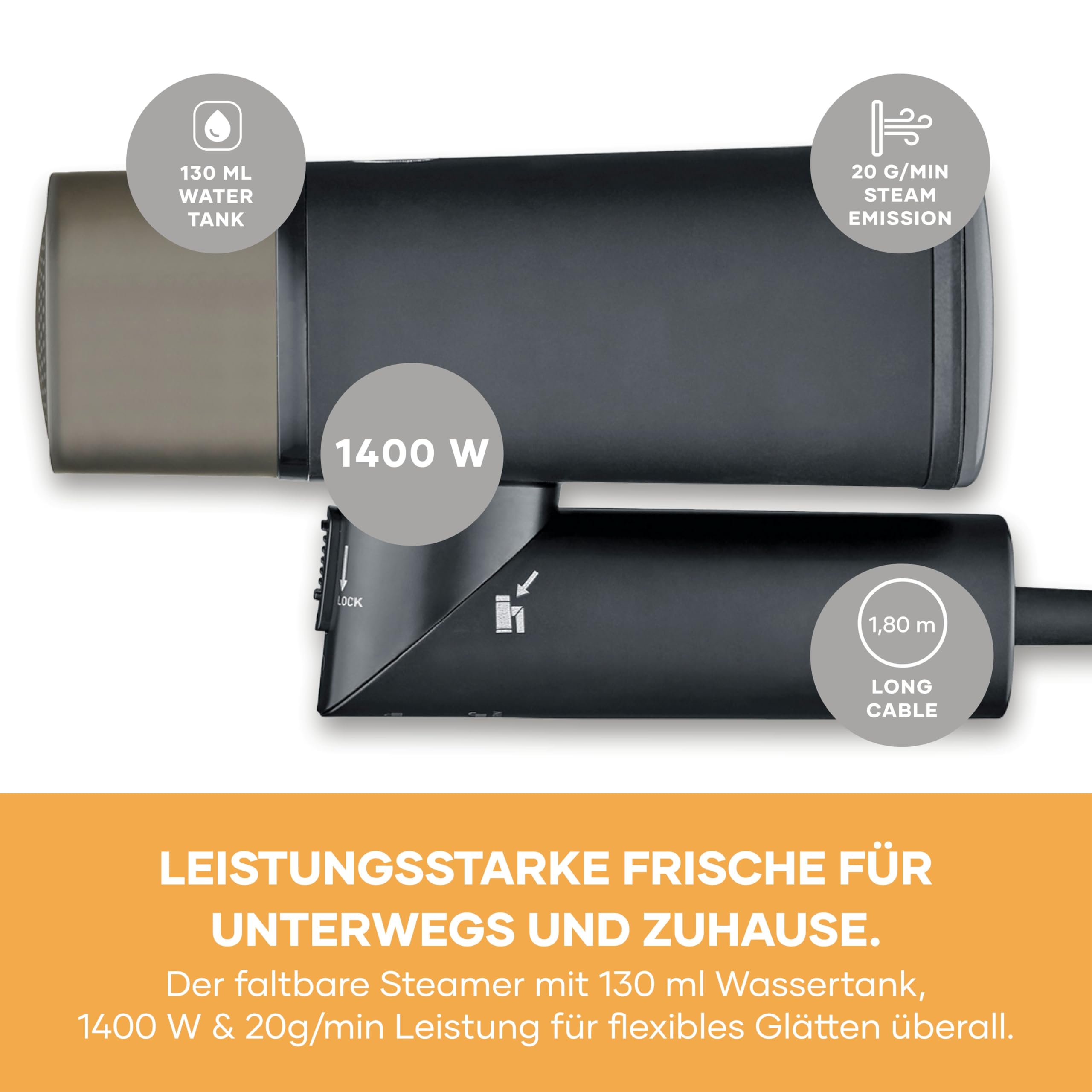 SEVERIN- Défroisseur Vapeur Portable – Steamer Compact et Pliable - Défroisseur vertical de voyage pour vêtements et textiles - Réservoir d’eau 130 ml – 1400 W – Noir mat, DG 3282