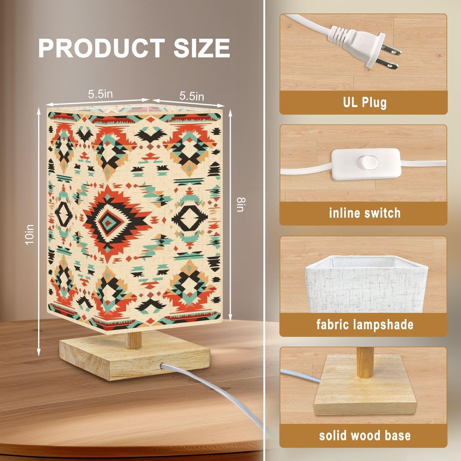 Bedside Table Lamp Native Southwest Aztec Navajo Seamless Pattern Tribal 16-Way Dimmable Small Desk Lamp with Square Flaxen Fabric Shade for Nightstand Bedroom Living Room Home Decor