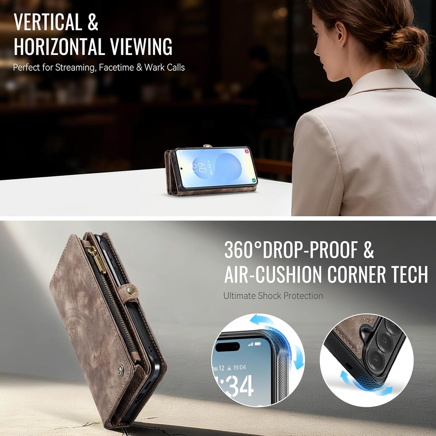 Case Compatible with Galaxy S26 Plus,Genuine Leather Wallet Detachable Magnetic Cell Phone Cover Wireless Charge Zipper Purse RFID Blocking Card Slot Holster (Brown, Galaxy S26 Plus)