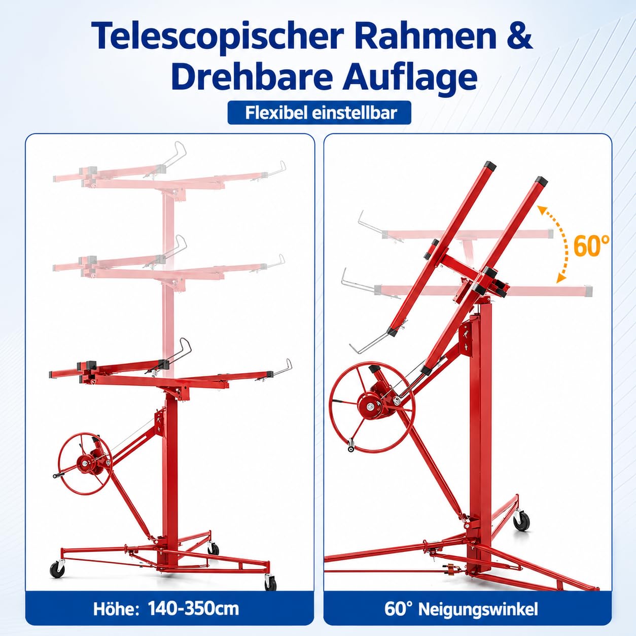 Gipskartonheber Teleskop, Plattenheber höhenverstellbar 140-350cm, 60° neigbar, bis 68kg/150lbs, 3 Lenkrollen, Deckenlift für Trockenbau, Rot