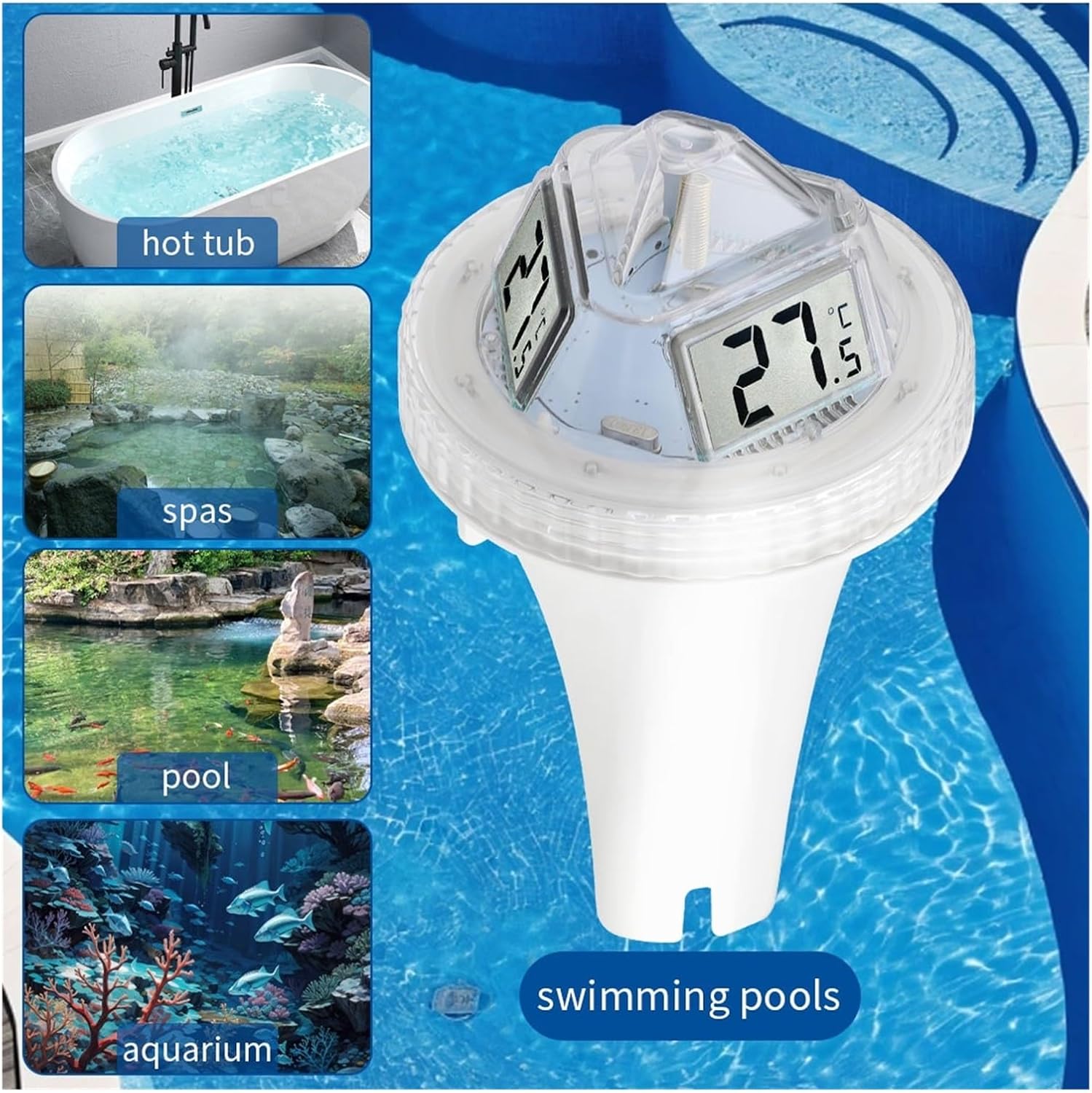 Diagram showing the ZHHGMS wireless pool thermometer being used in various water bodies: hot tub, spas, pool, and aquarium.