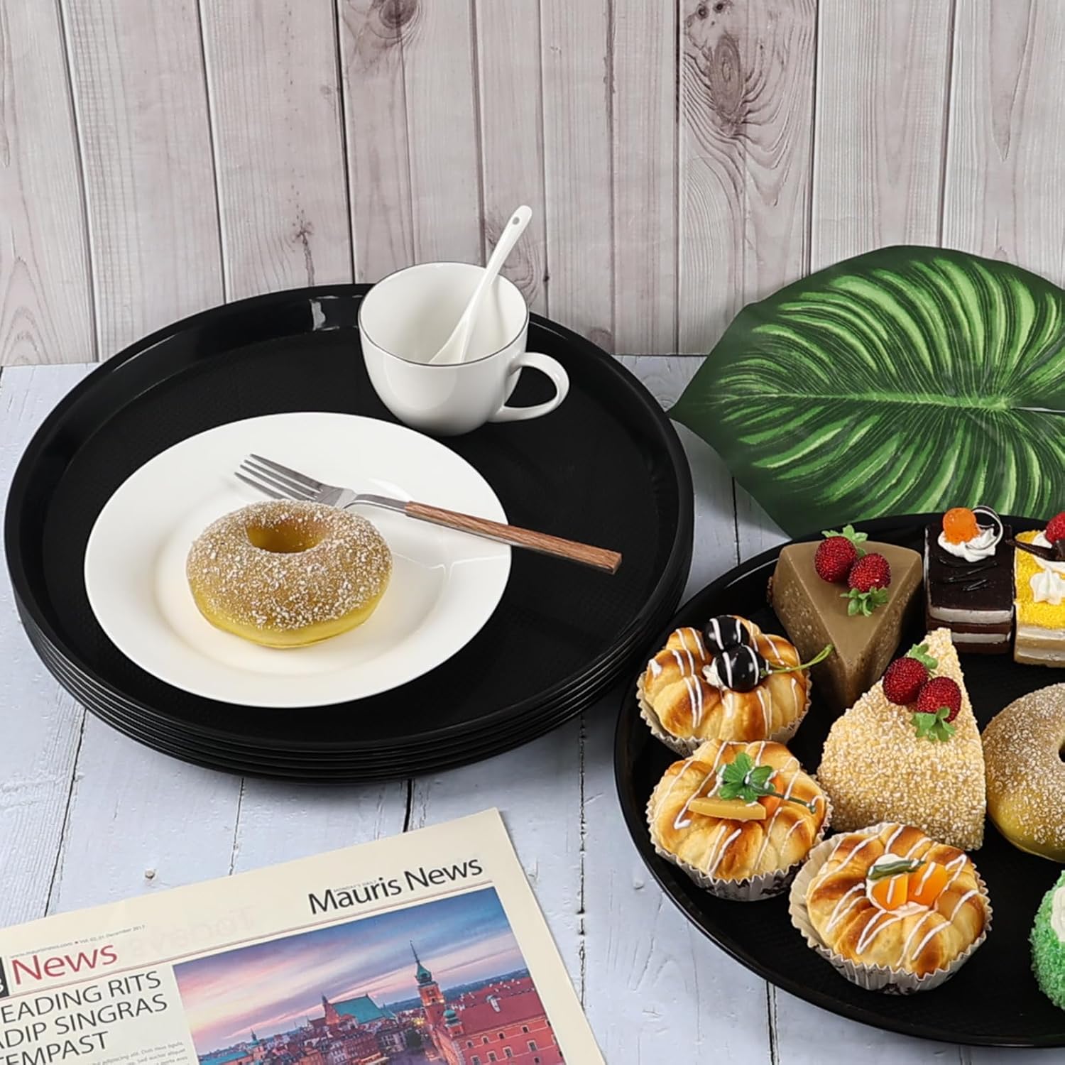 Black Plastic Serving Tray, Round Fast Food Tray, Set of 6 - Image 5