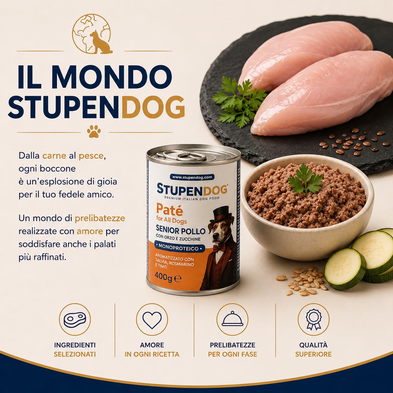 STUPENDOG Pâté senior au poulet avec orge et courgettes – 94% poulet frais, avec glucosamine et chondroïtine – Nourriture humide naturelle pour chiens âgés, sans conservateurs (12x400g)