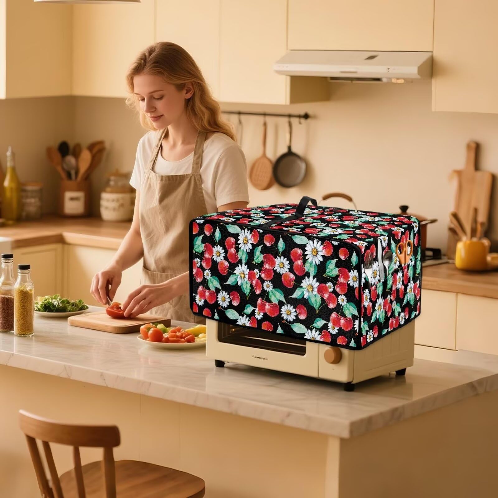 Wanyint Toaster Oven Cover Dust-Proof Polyester Convection Oven Air Fryer Protector with Accessory Pockets and Handle Home Kitchen Decor, 20.5 x 16.5 x 10 Inches, Cherry Daisy Black