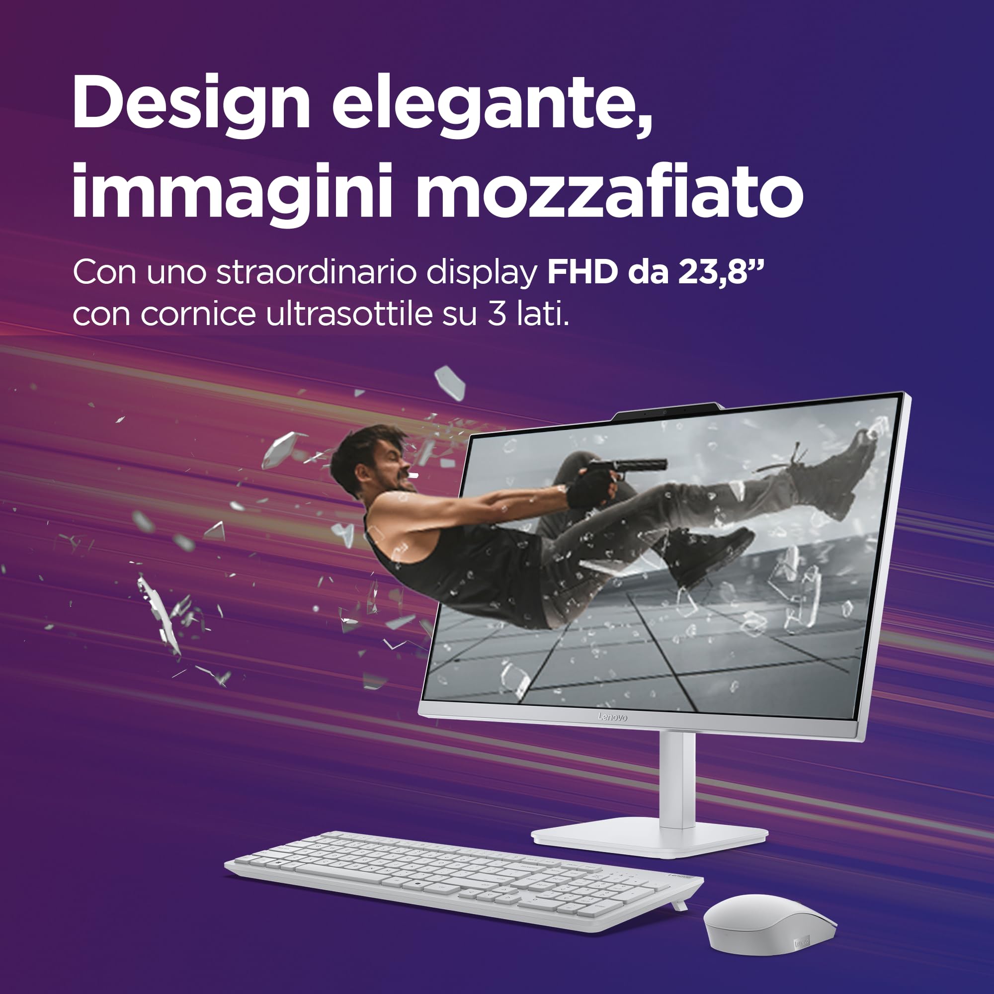 Lenovo A100 Desktop All-In-One, Display 24" FHD (1920x1080), Intel Core i3-N305, RAM 16GB, 512GB SSD, Speakers, WiFi 6, Windows 11 Home, Mouse + Tastiera - Cloud Grey