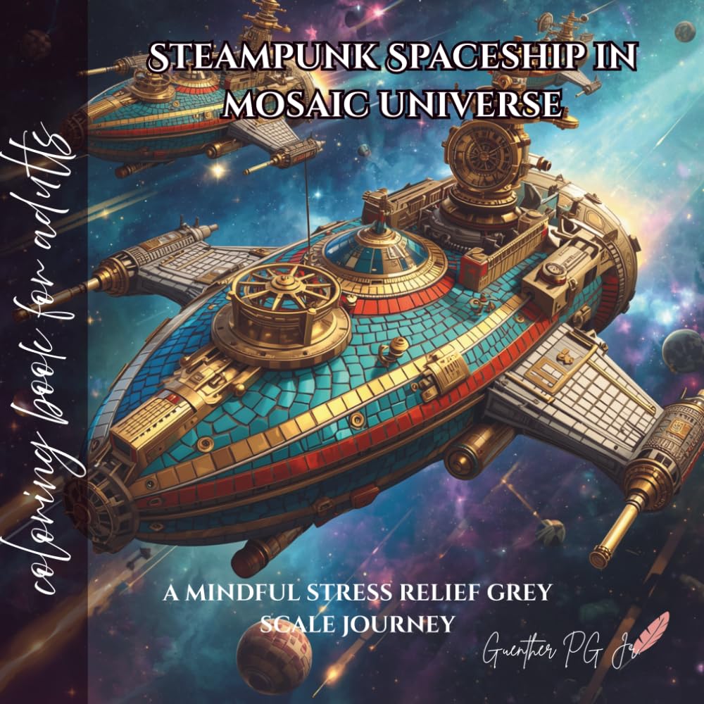 steampunk spaceship in mosaic universe: a mindful stress relief grey scale journey